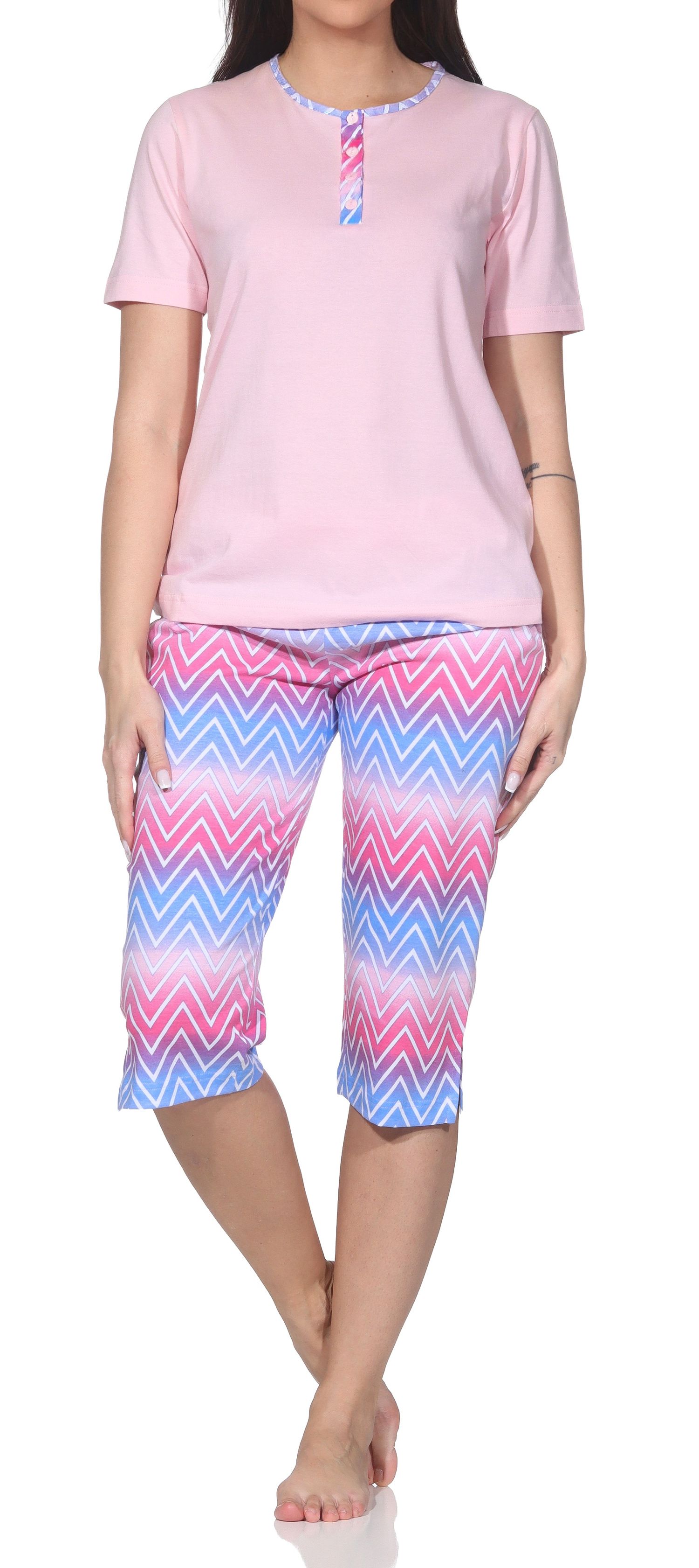 Normann Damen Capri-Pyjama kurzarm – Modernes Zick-Zack-Design – auch in Übergrößen