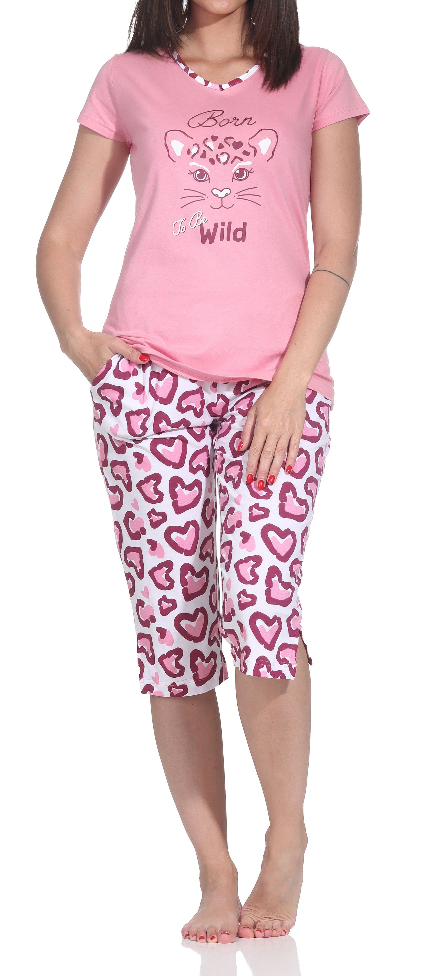 Normann Damen Capri-Pyjama kurzarm Shorty – Eleganter Animal-Print – auch in Übergrößen