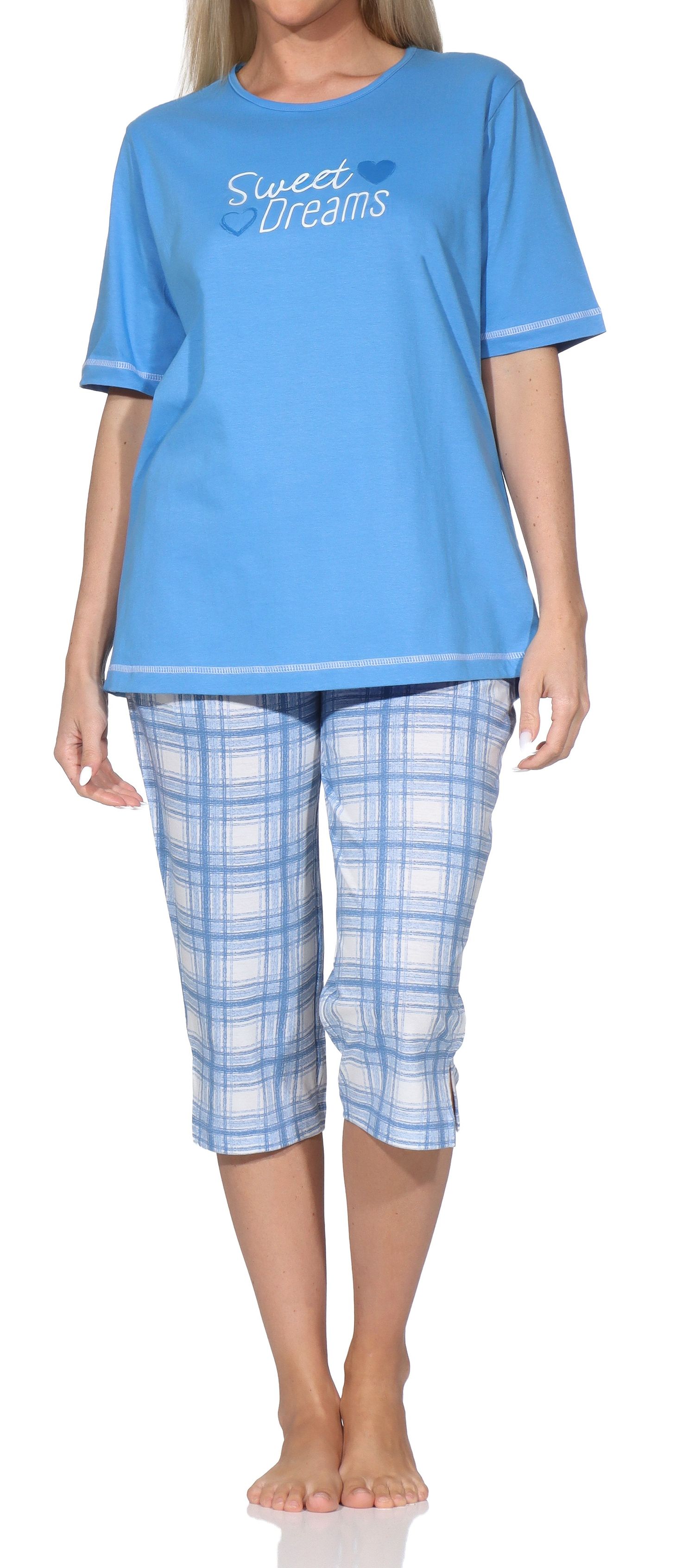 Normann Damen kurzarm Capri-Pyjama Shorty  – Elegante Karo-Optik – auch in Übergrößen