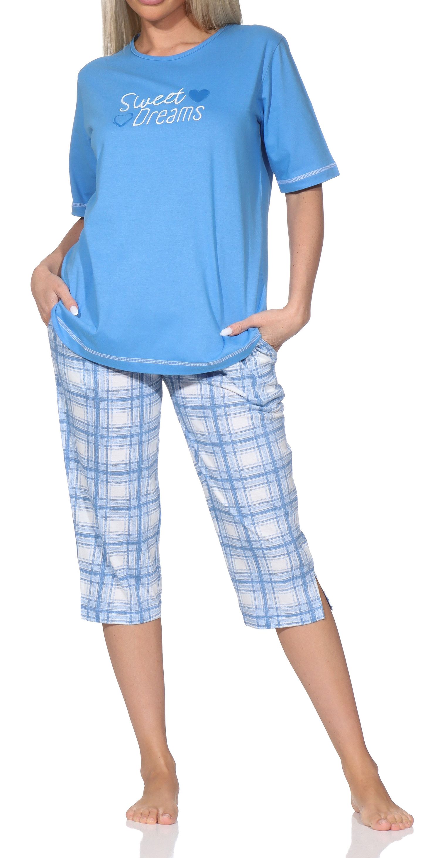 Normann Damen kurzarm Capri-Pyjama Shorty  – Elegante Karo-Optik – auch in Übergrößen