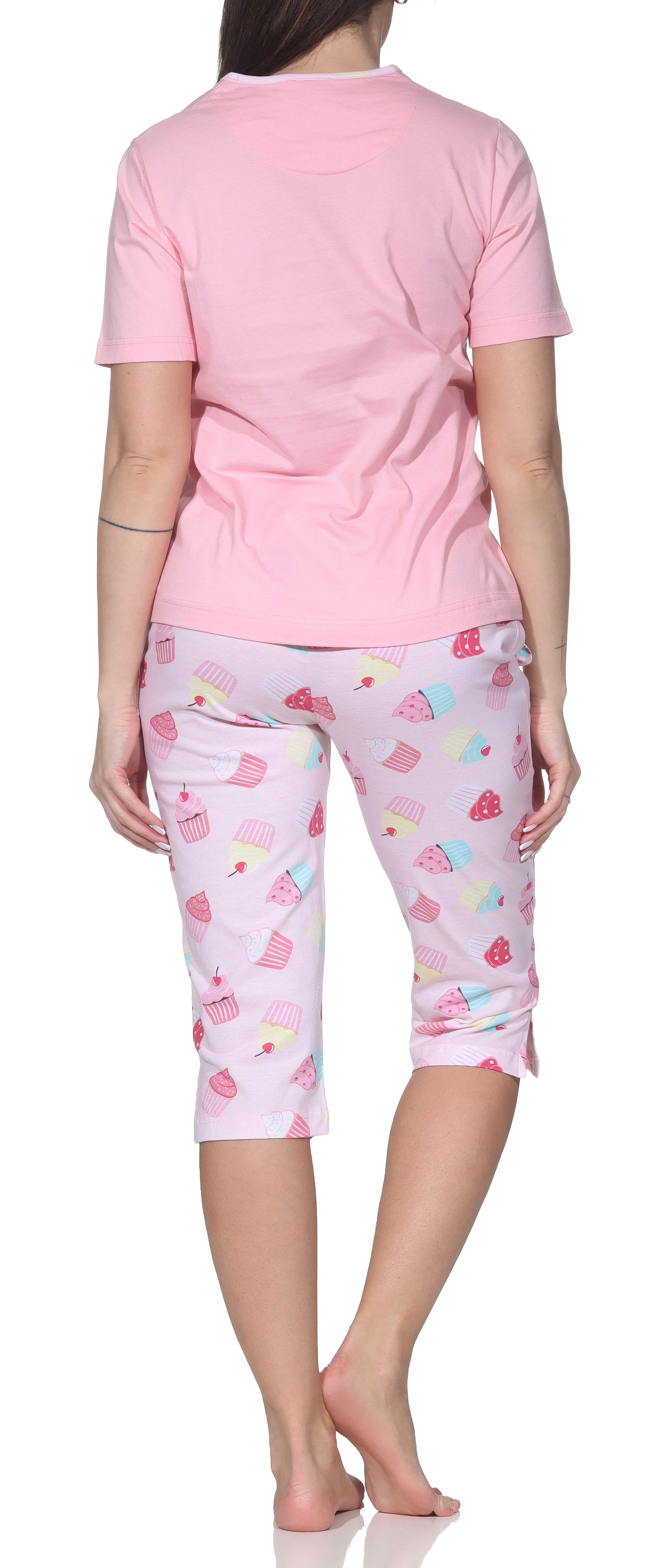 Normann Damen kurzarm Capri Schlafanzug Shorty – Süßes Cupcake-Motiv – auch in Übergrößen