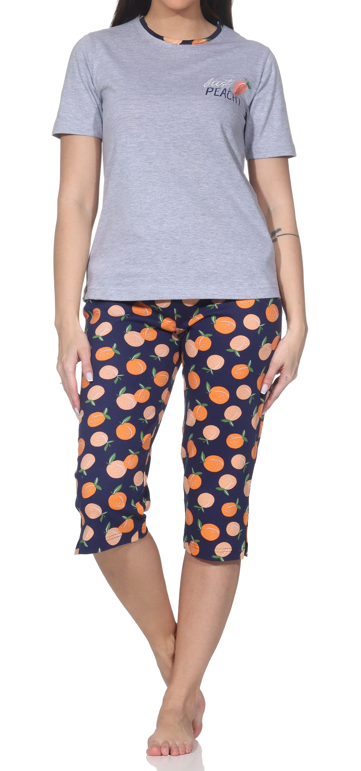 Normann Damen Capri-Pyjama kurzarm Shorty – „Peachy“ Design, auch in Übergrößen