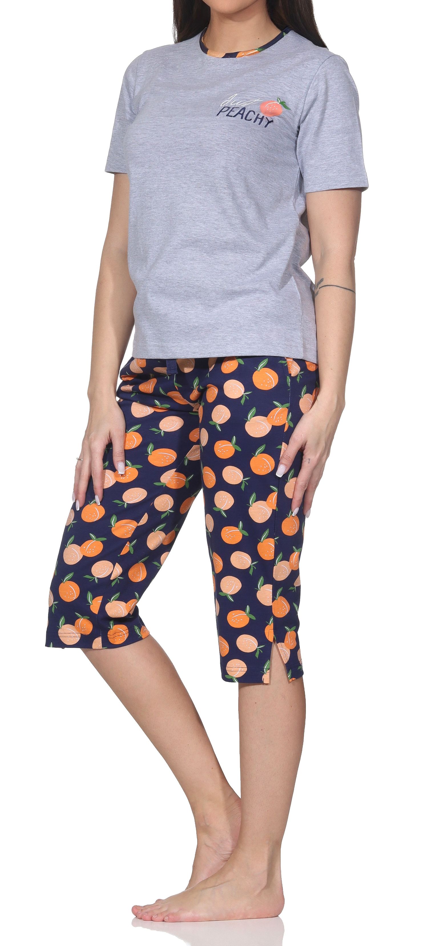 Normann Damen Capri-Pyjama kurzarm Shorty – „Peachy“ Design, auch in Übergrößen