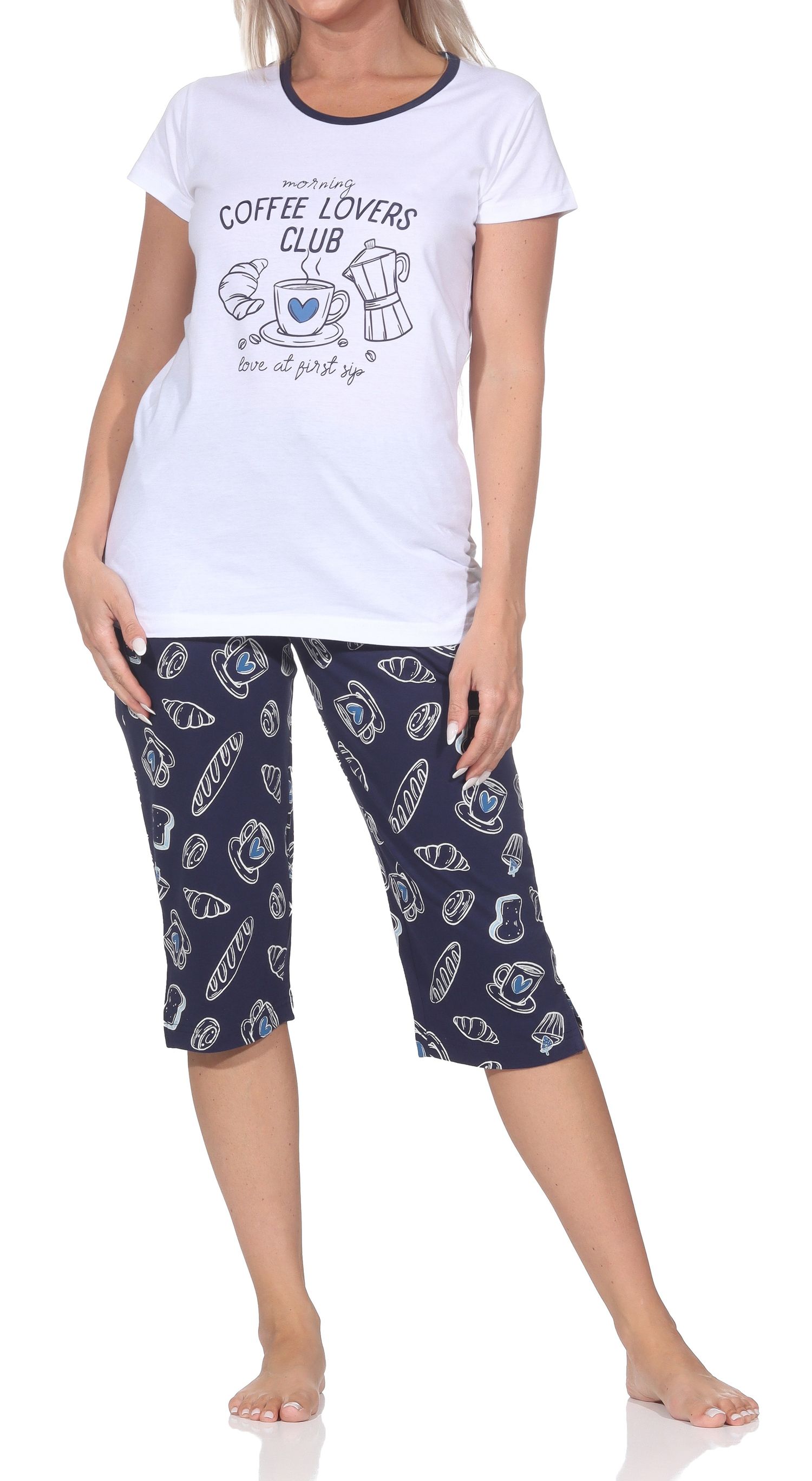 Normann Damen Capri-Pyjama kurzarm Shorty – „Coffee Lovers Club“ - auch in Übergrößen