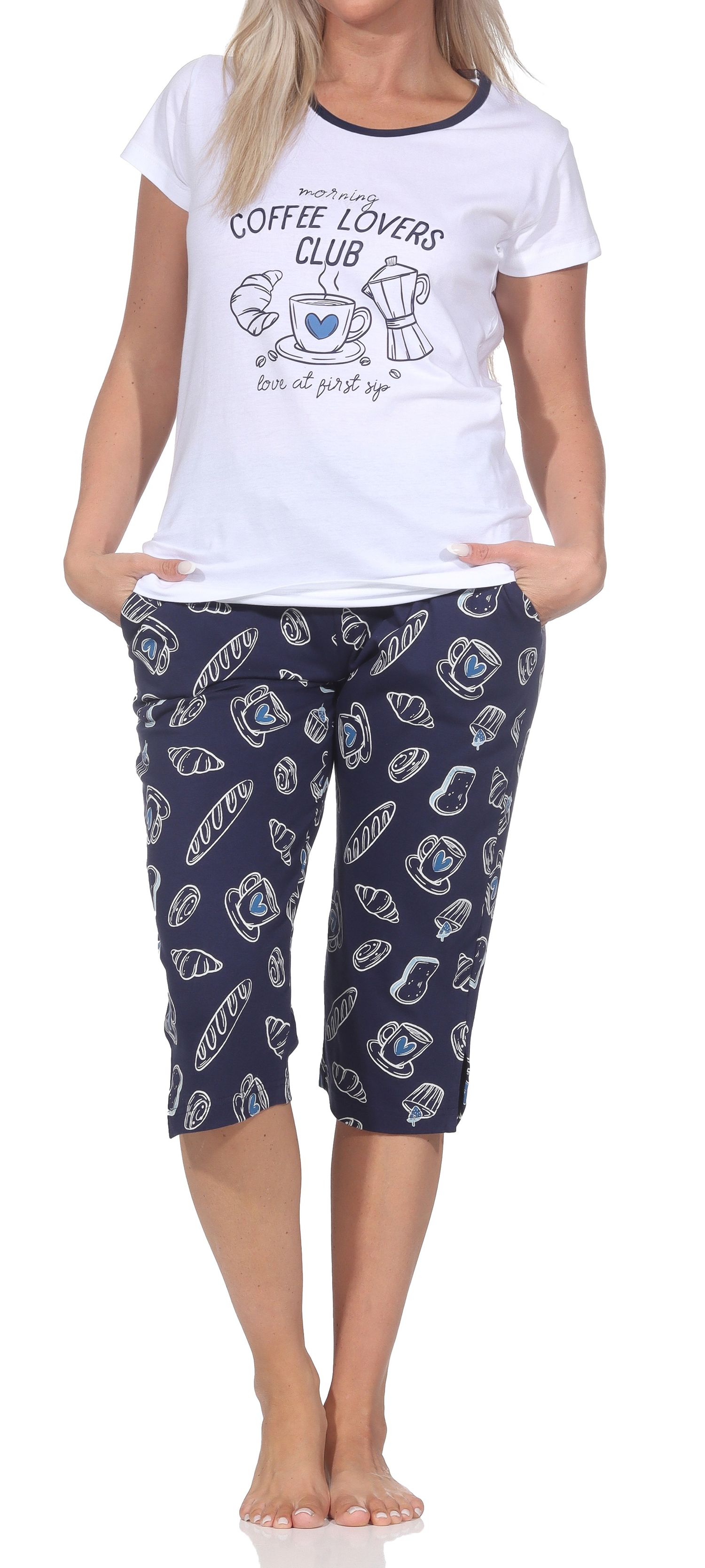 Normann Damen Capri-Pyjama kurzarm Shorty – „Coffee Lovers Club“ - auch in Übergrößen