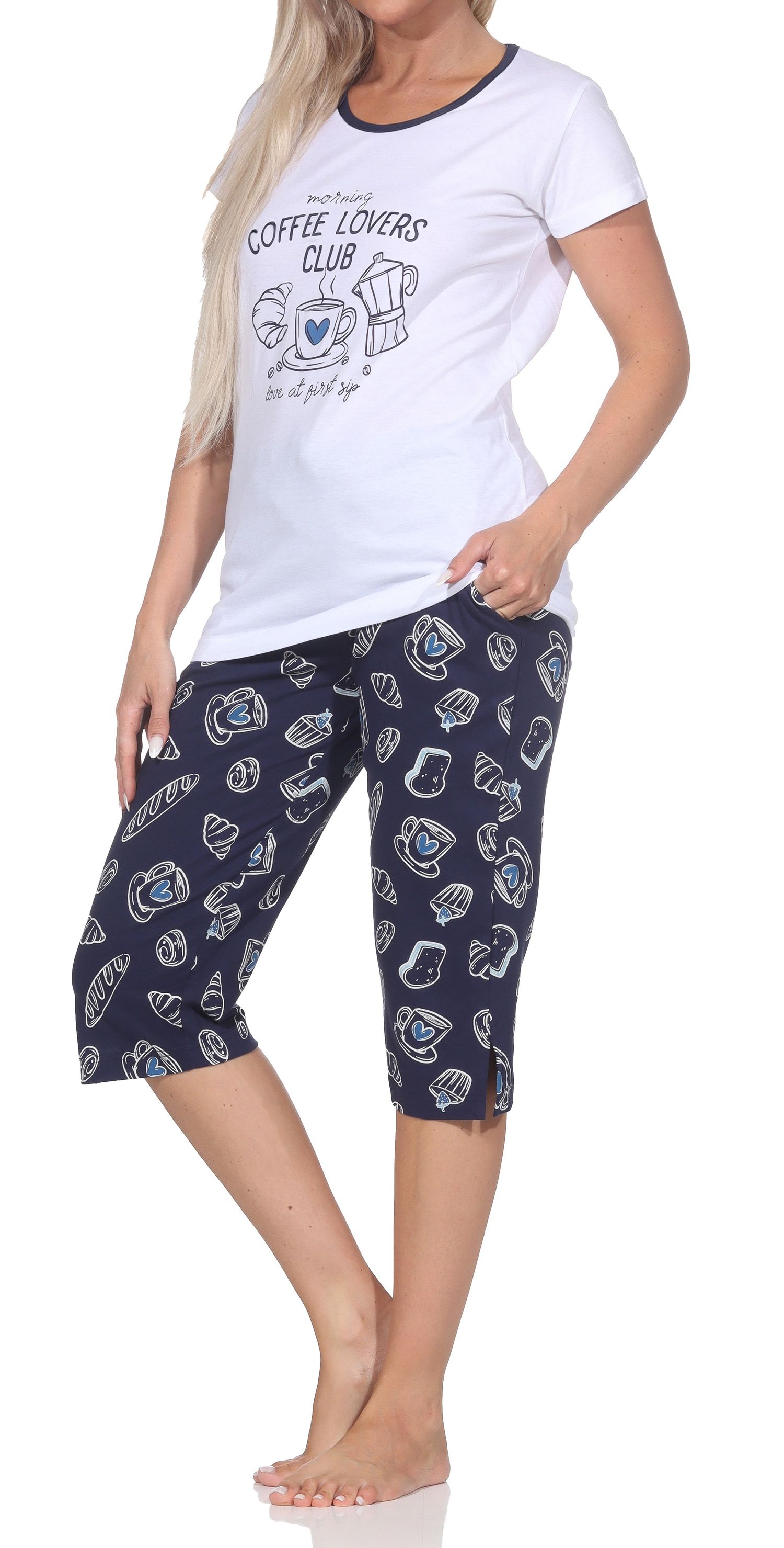 Normann Damen Capri-Pyjama kurzarm Shorty – „Coffee Lovers Club“ - auch in Übergrößen