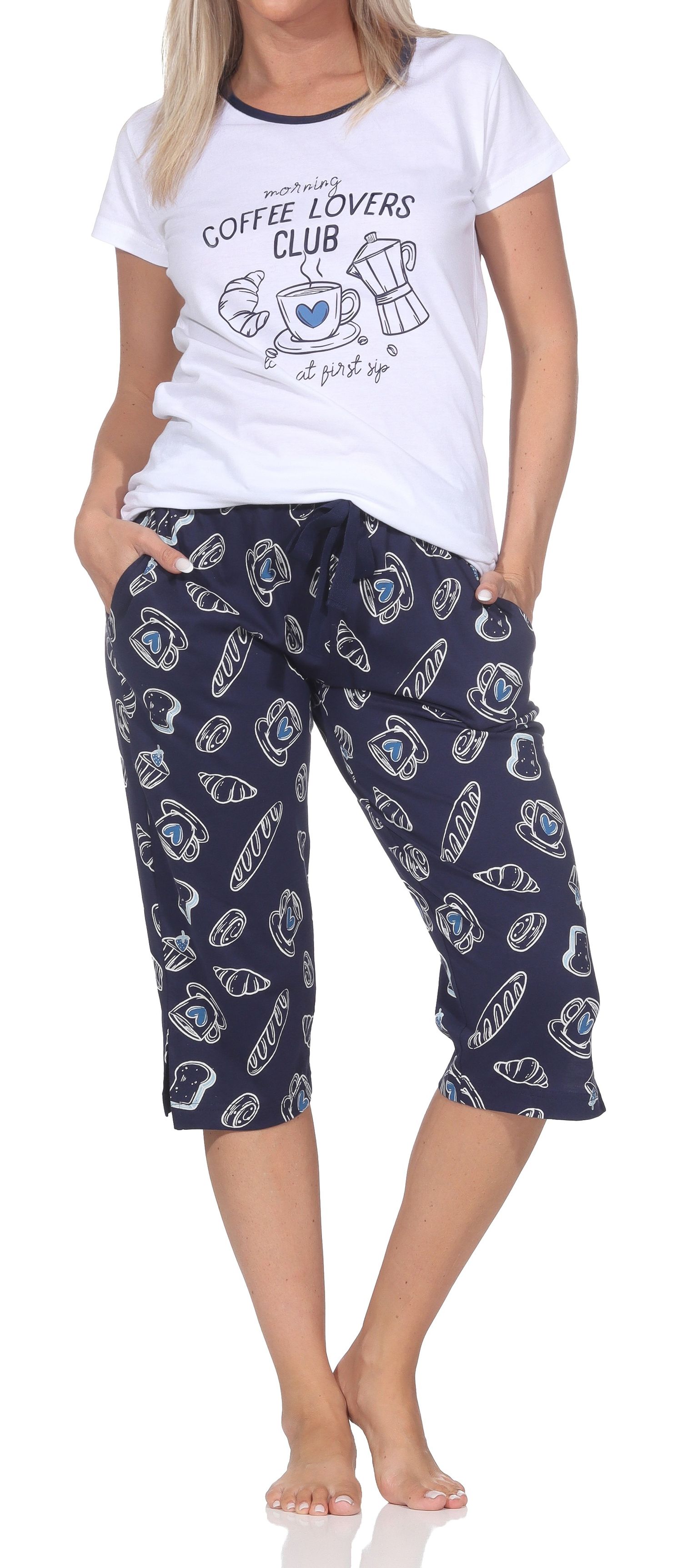 Normann Damen Capri-Pyjama kurzarm Shorty – „Coffee Lovers Club“ - auch in Übergrößen