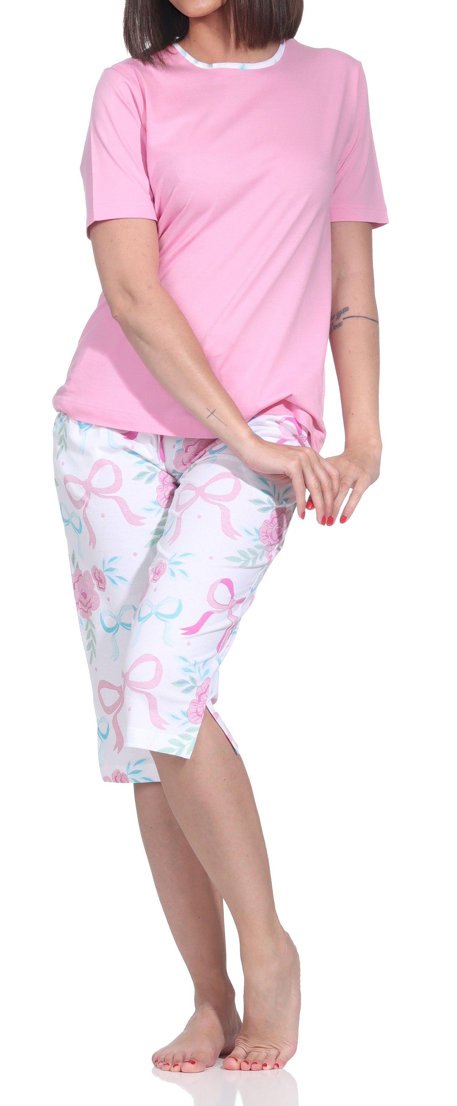 Normann Damen Capri-Pyjama kurzarm Shorty – Romantisches Schleifen- & Rosen-Design