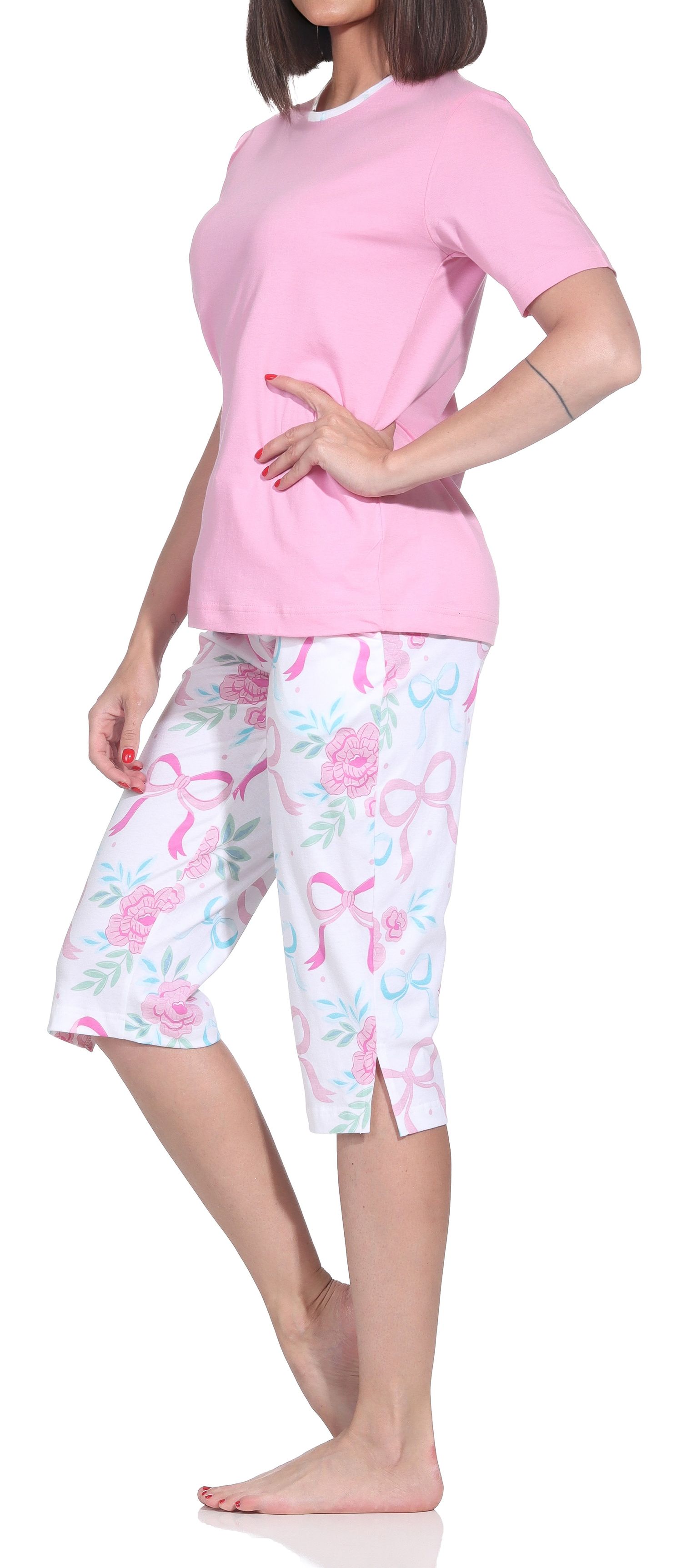 Normann Damen Capri-Pyjama kurzarm Shorty – Romantisches Schleifen- & Rosen-Design