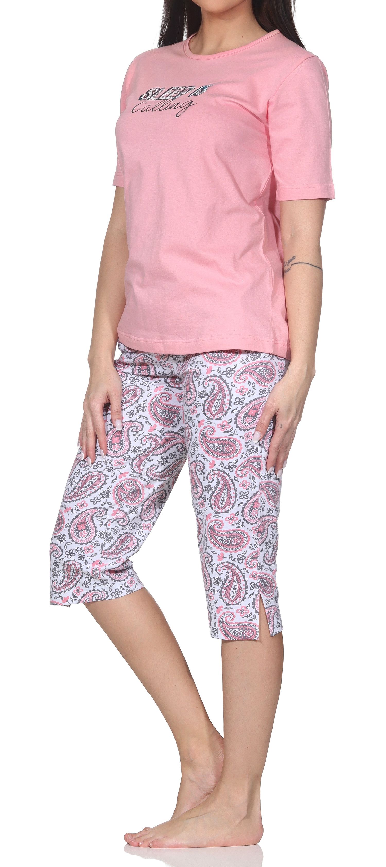 Normann Damen Capri-Pyjama kurzarm mit Frontprint & Paisley-Muster – auch in Übergröße