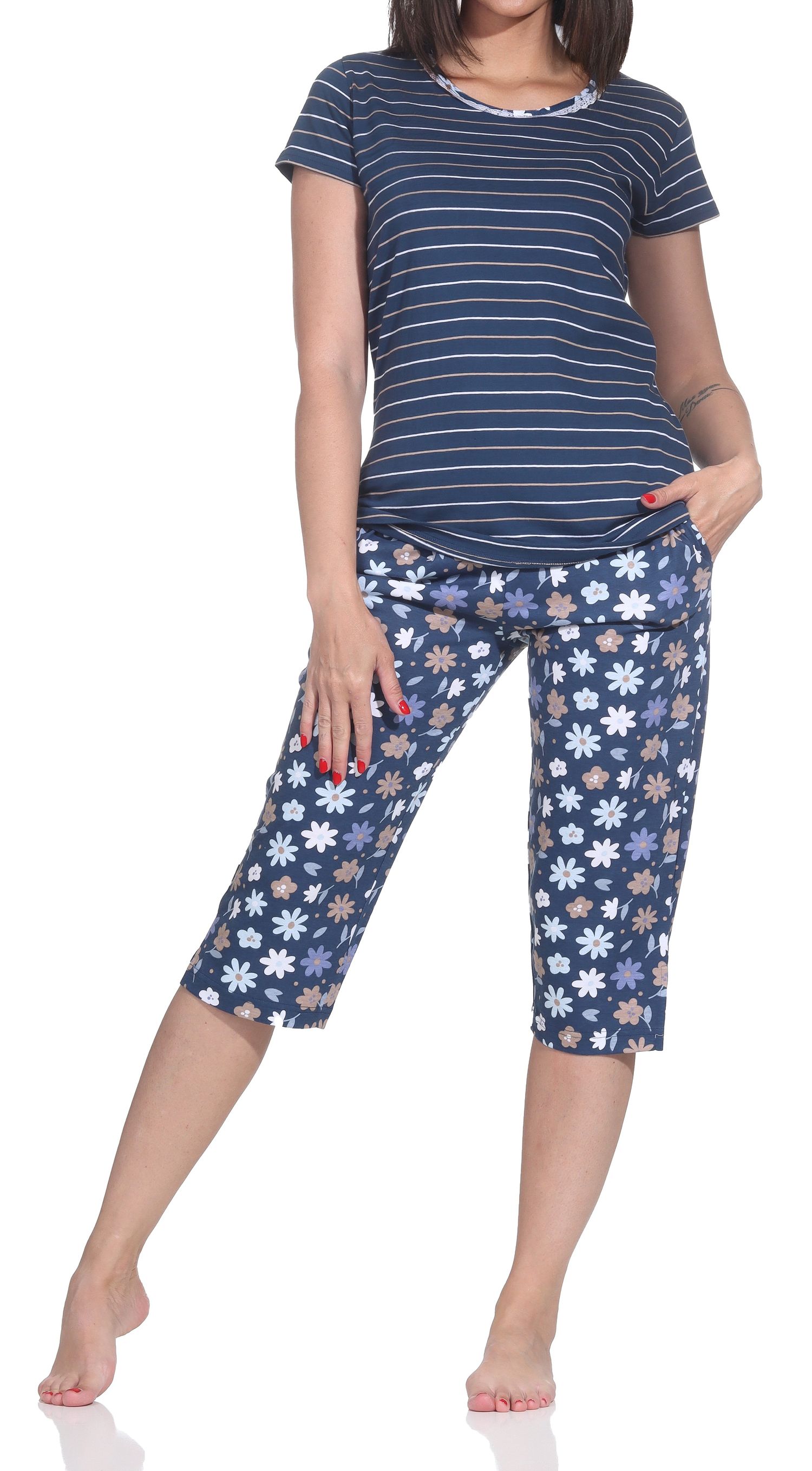 Normann Damen Capri-Pyjama kurzarm – Gestreifte Optik – auch in Übergrößen