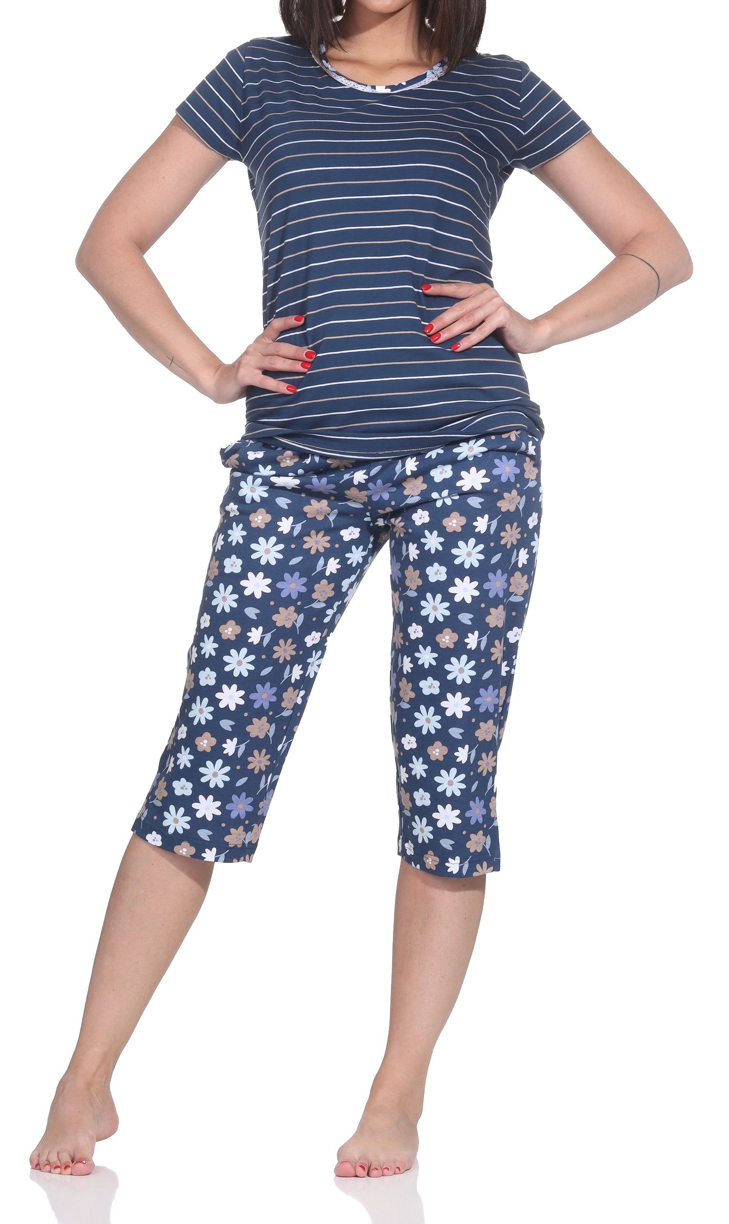 Normann Damen Capri-Pyjama kurzarm – Gestreifte Optik – auch in Übergrößen