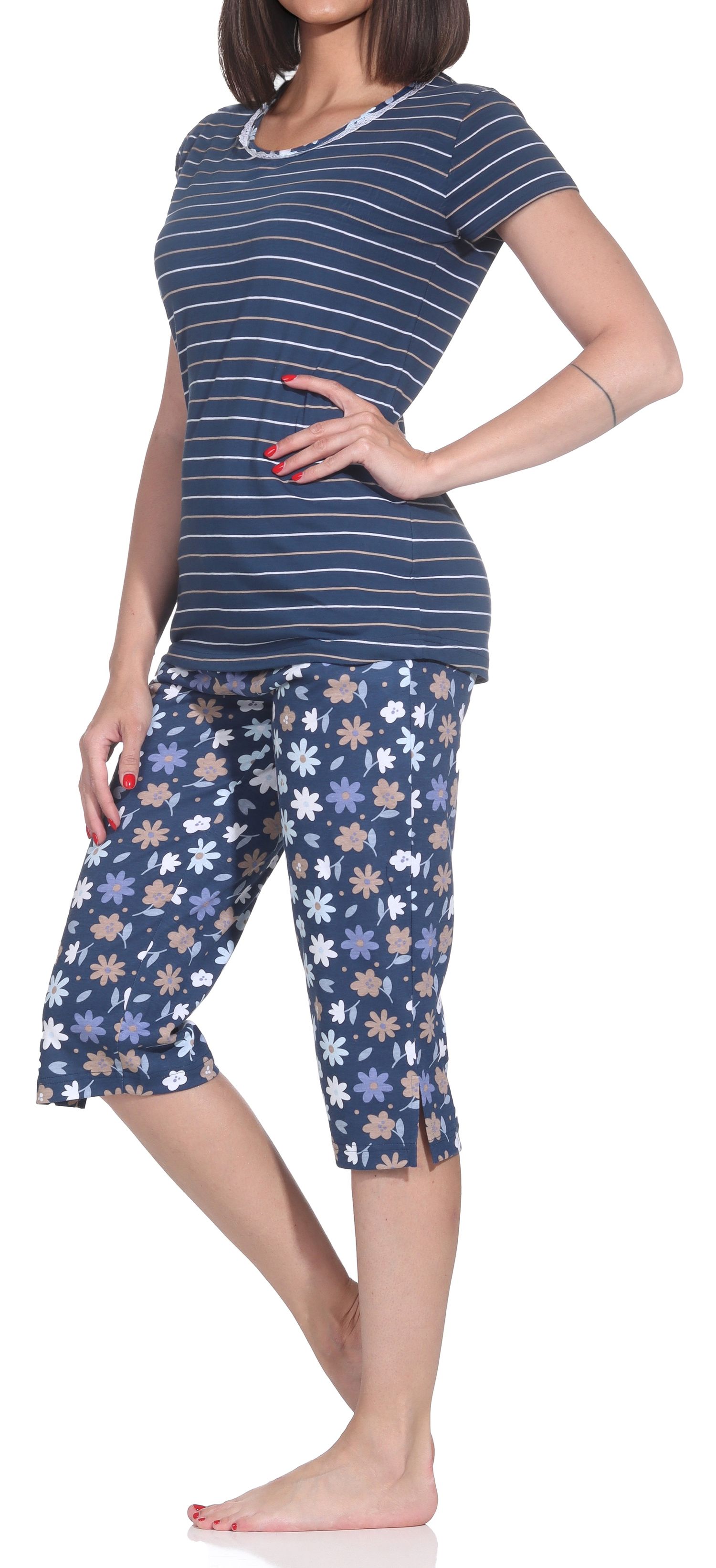 Normann Damen Capri-Pyjama kurzarm – Gestreifte Optik – auch in Übergrößen