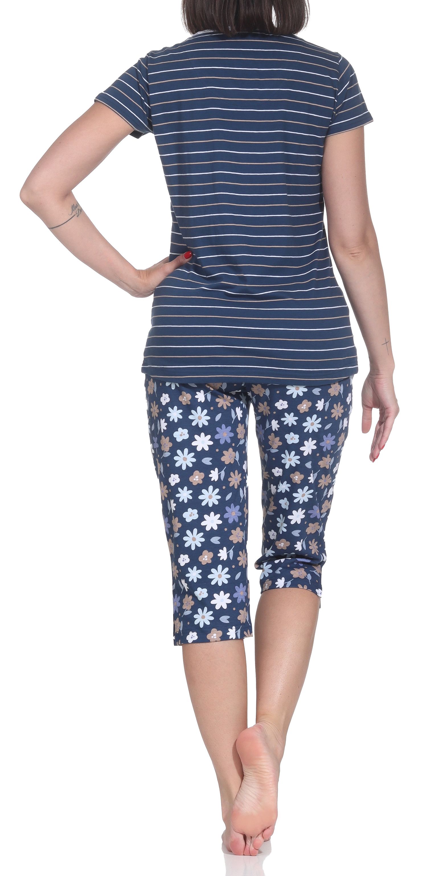 Normann Damen Capri-Pyjama kurzarm – Gestreifte Optik – auch in Übergrößen