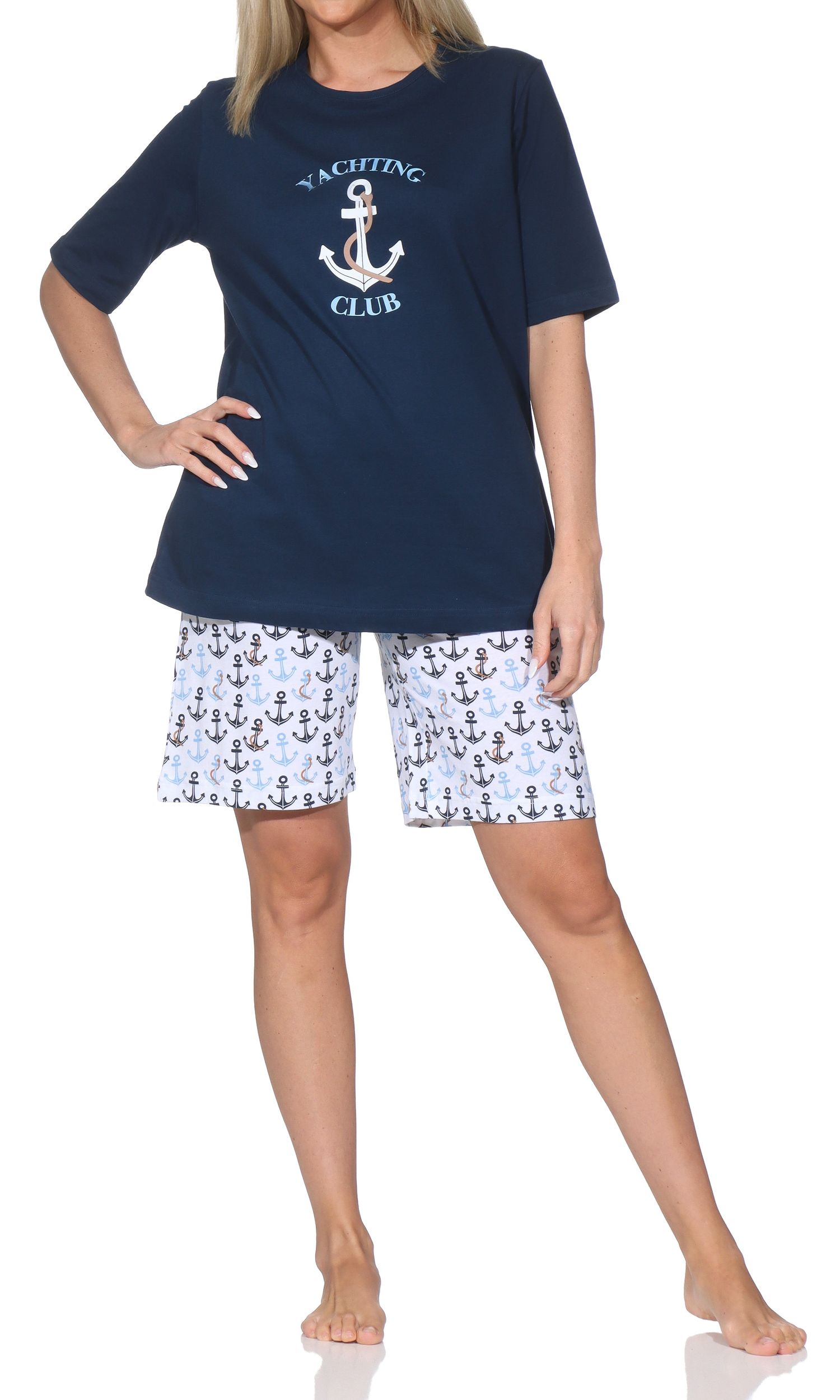 Normann Damen kurzarm Schlafanzug Shorty – maritimer Look - auch in Übergrößen