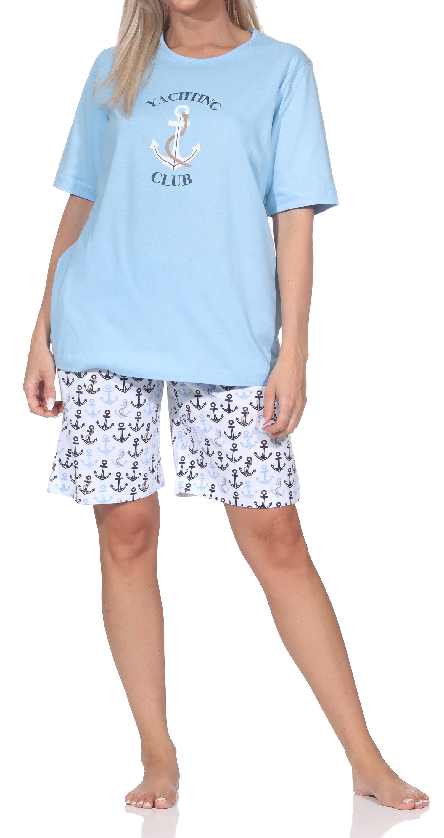 Normann Damen kurzarm Schlafanzug Shorty – maritimer Look - auch in Übergrößen