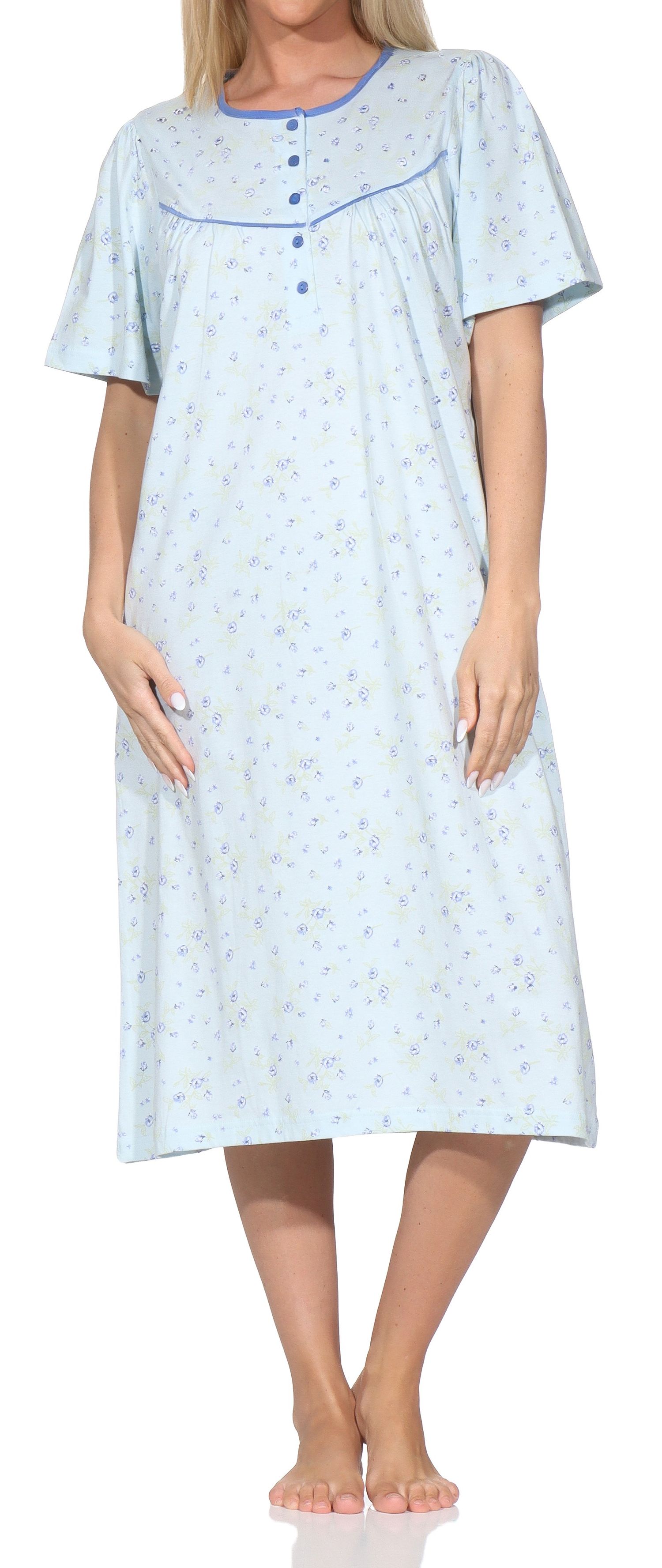 Normann Damen Nachthemd kurzarm – Romantisches Floral-Design mit Knopfleiste am Hals