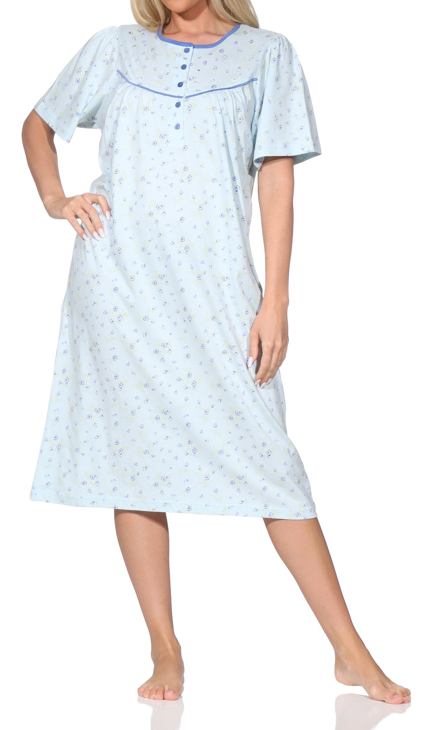Normann Damen Nachthemd kurzarm – Romantisches Floral-Design mit Knopfleiste am Hals