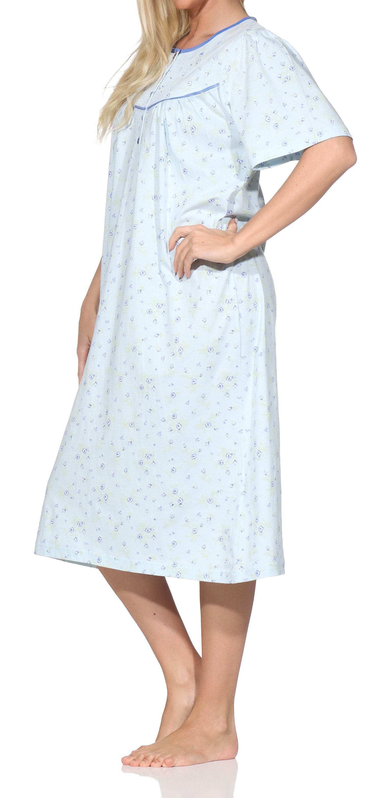 Normann Damen Nachthemd kurzarm – Romantisches Floral-Design mit Knopfleiste am Hals