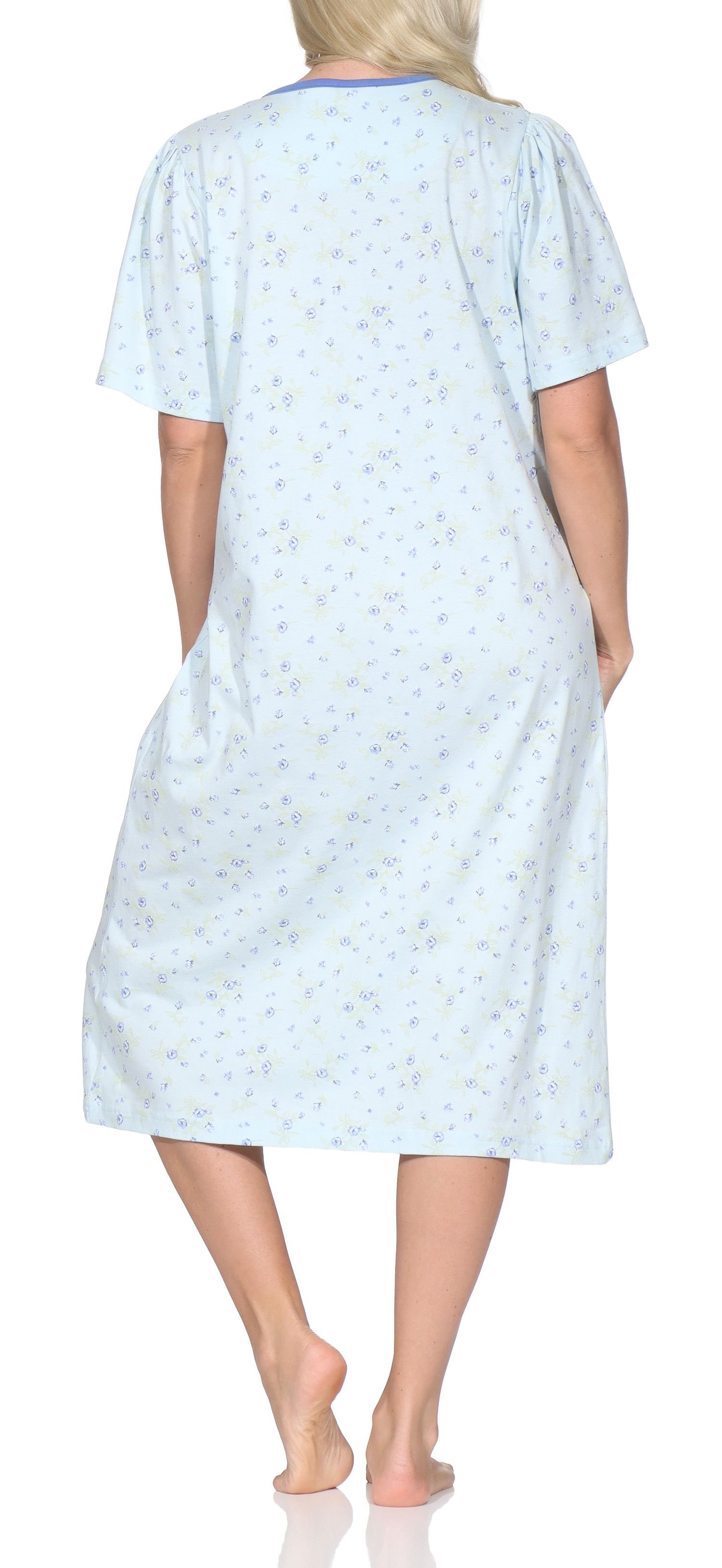 Normann Damen Nachthemd kurzarm – Romantisches Floral-Design mit Knopfleiste am Hals