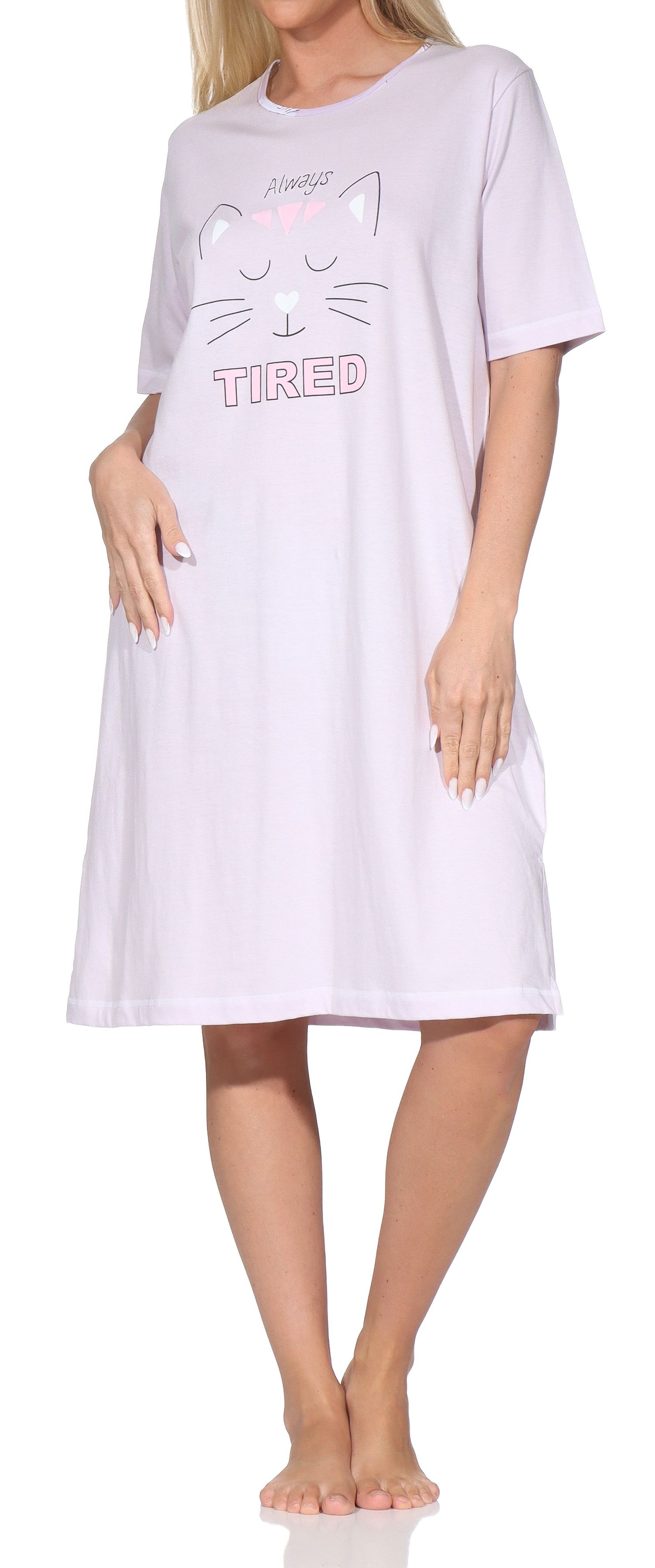 Normann Damen kurzarm Nachthemd – Niedliches Katzen-Design – auch in Übergrößen