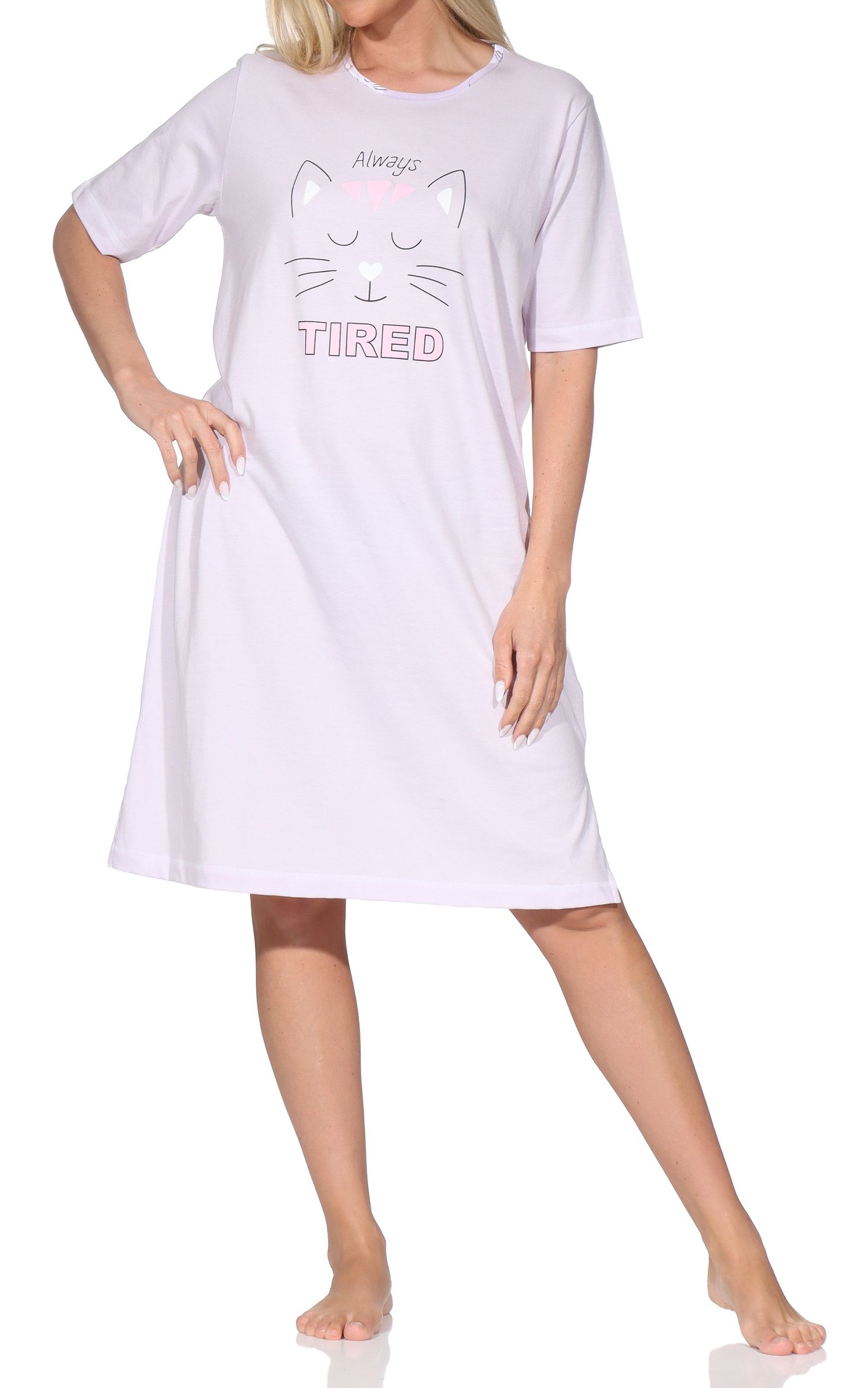 Normann Damen kurzarm Nachthemd – Niedliches Katzen-Design – auch in Übergrößen