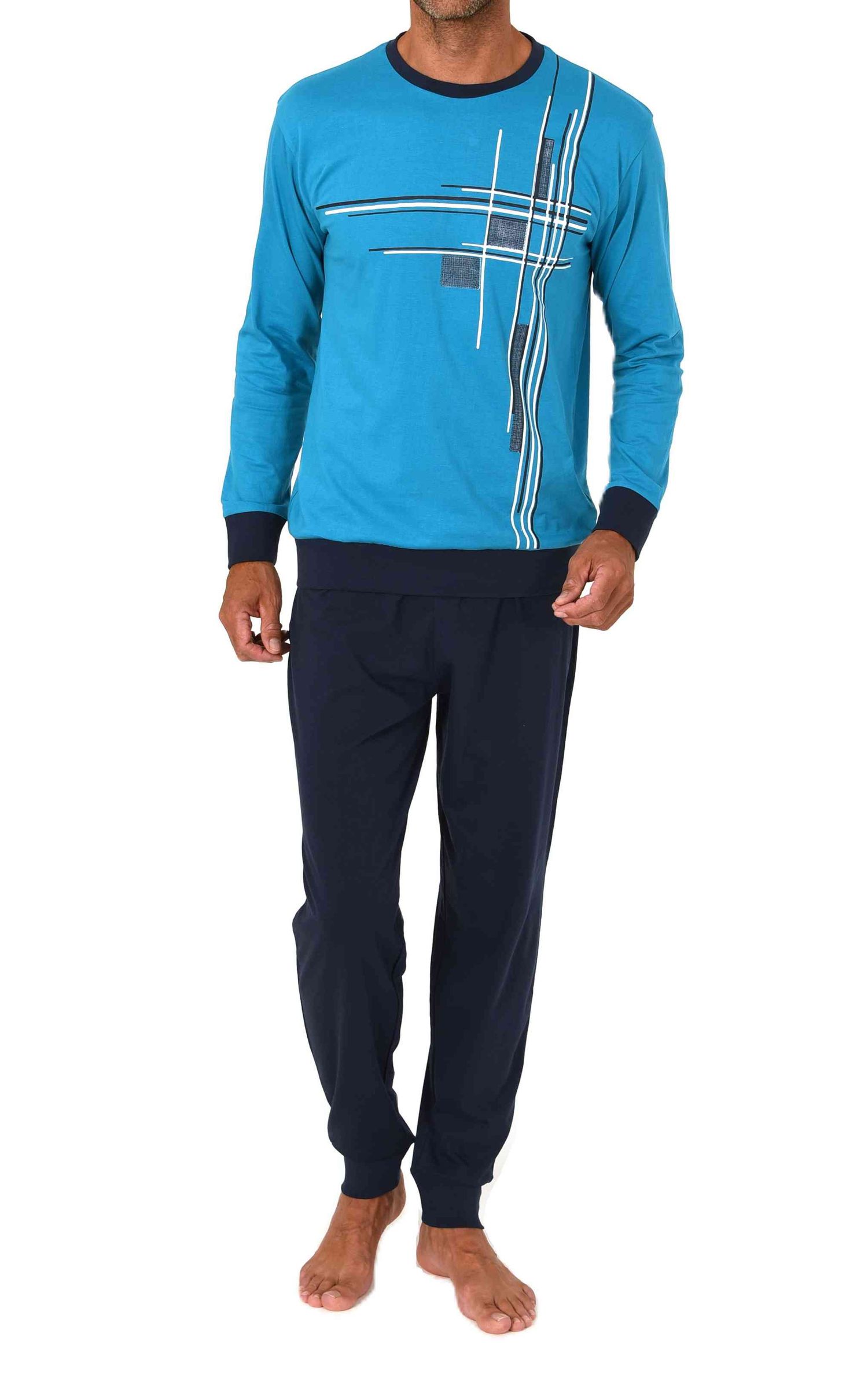 Normann Herren langarm Schlafanzug mit Bündchen Pyjama mit edlen Frontprint