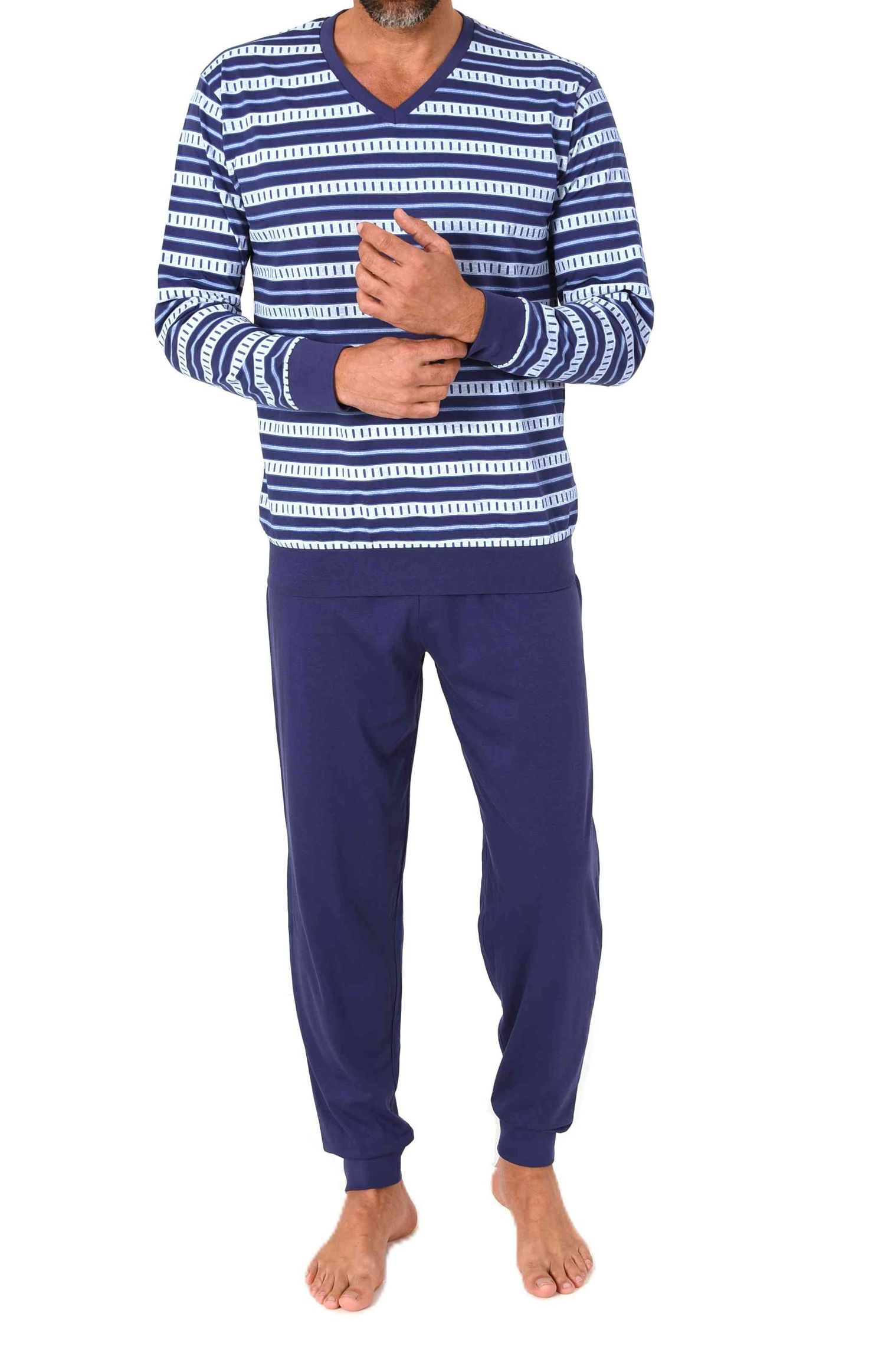 Normann Herren langarm Schlafanzug mit Bündchen – Pyjama in eleganter Streifenoptik