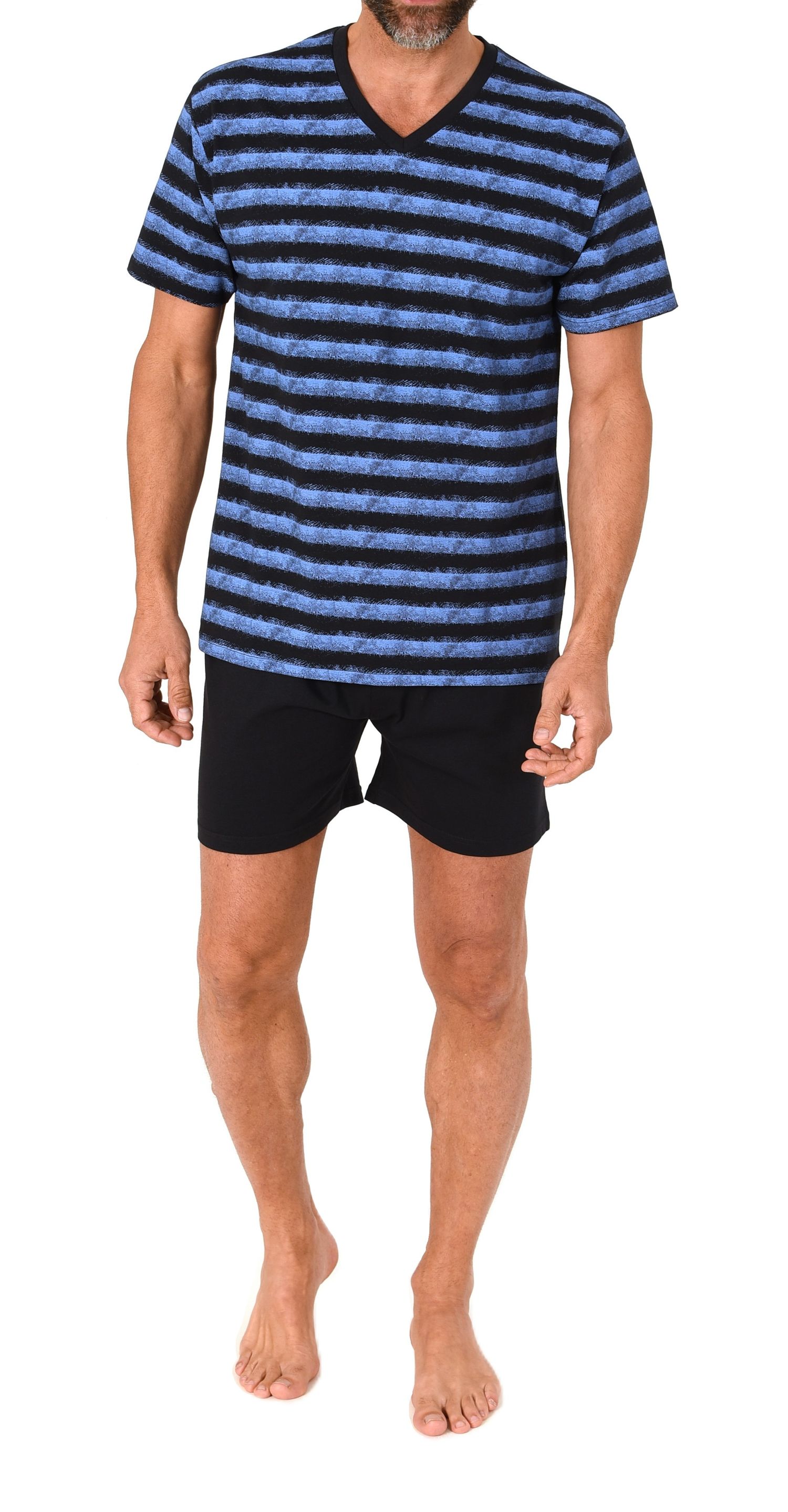 Normann Herren kurzarm Schlafanzug Shorty Pyjama in lässiger Streifenoptik und V-Hals Normann Herren kurzarm Schlafanzug Shorty Pyjama in lässiger Streifenoptik und V-Hals