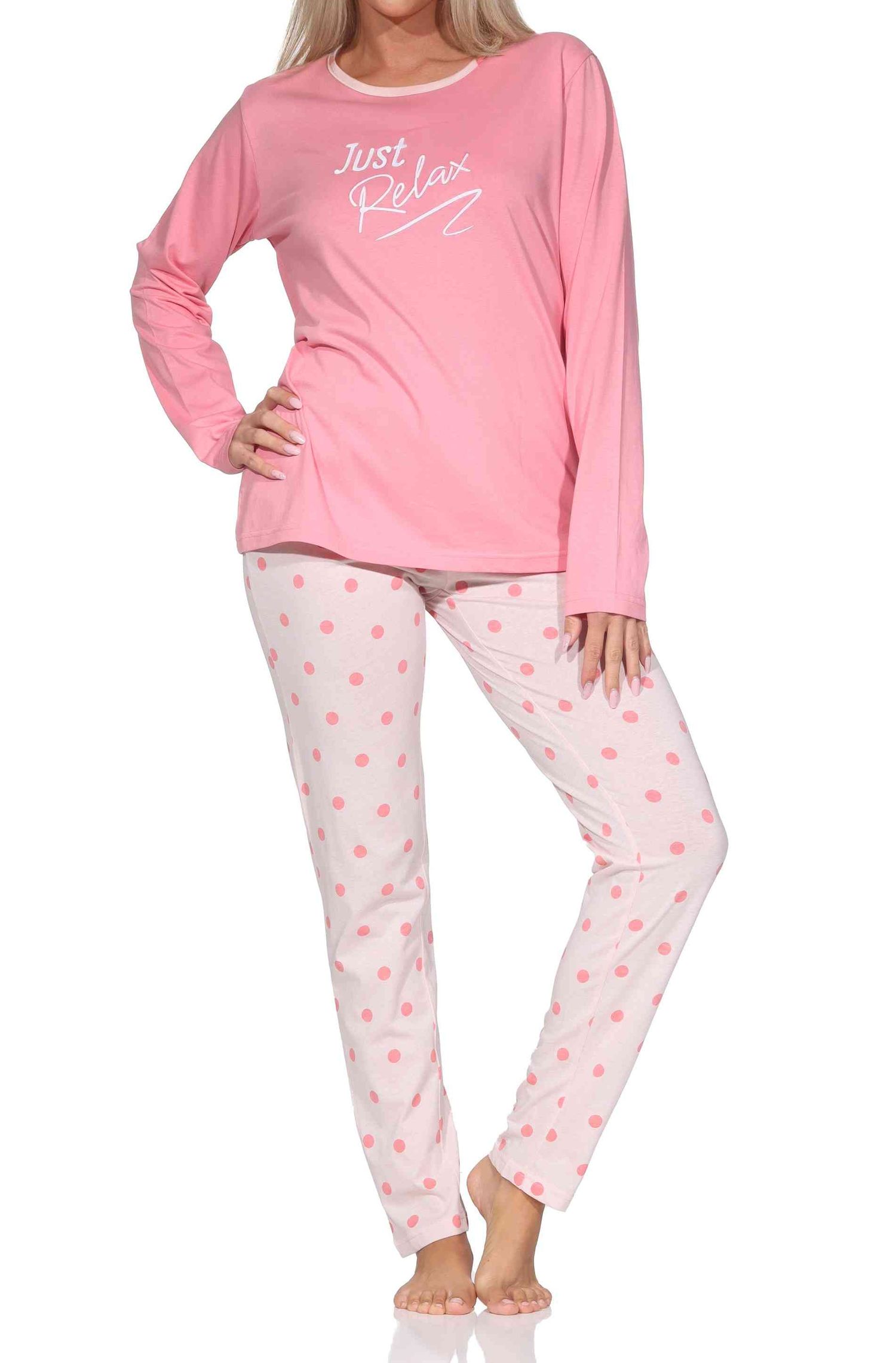 Normann Damen Schlafanzug langarm Pyjama in Tupfen Punkte Optik