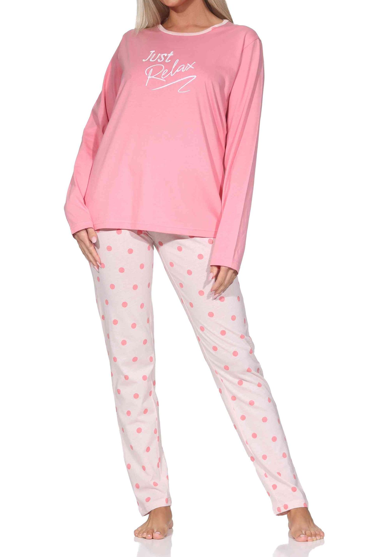 Normann Damen Schlafanzug langarm Pyjama in Tupfen Punkte Optik