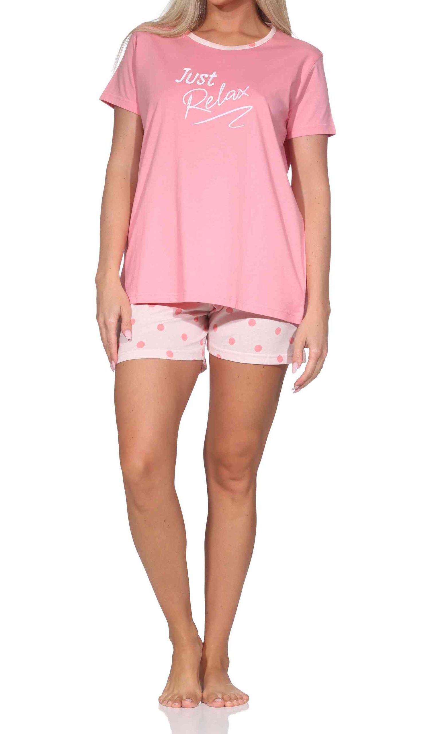 Normann Damen kurzarm Schlafanzug Shorty Pyjama in Tupfen Punkte Optik