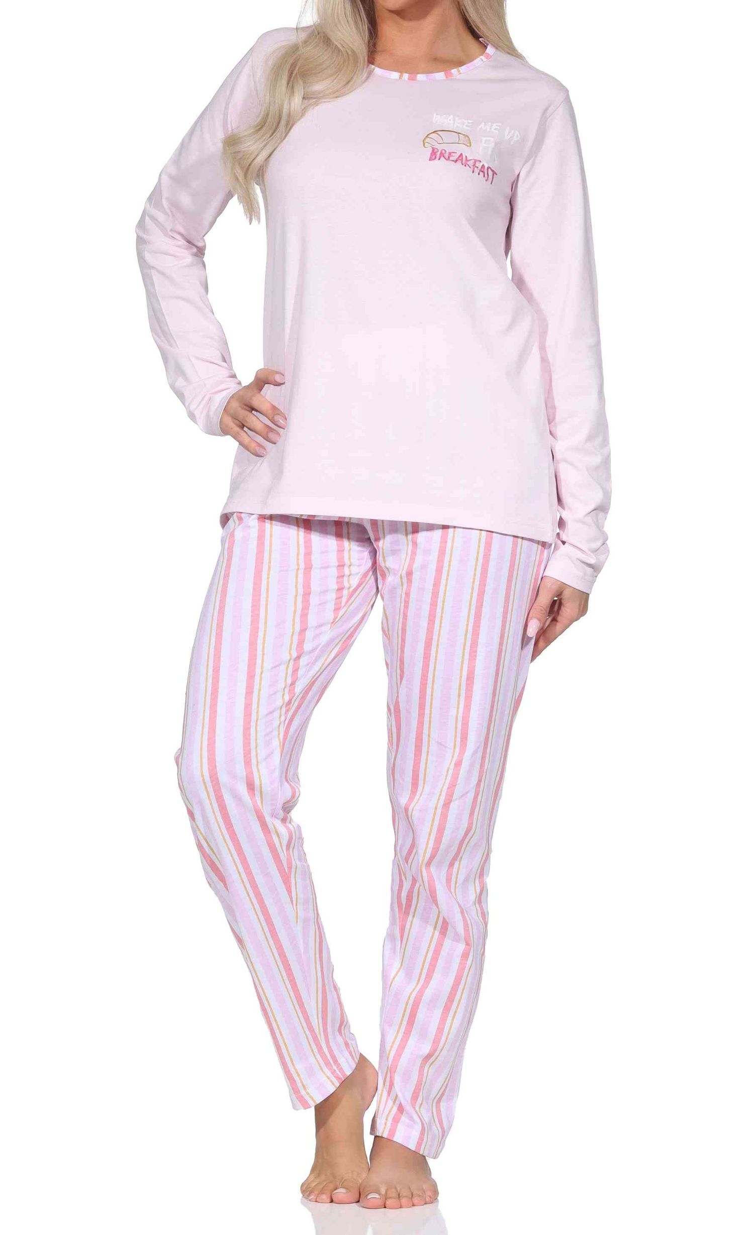 Normann Damen langarm Schlafanzug mit Pyjamahose in Streifenoptik
