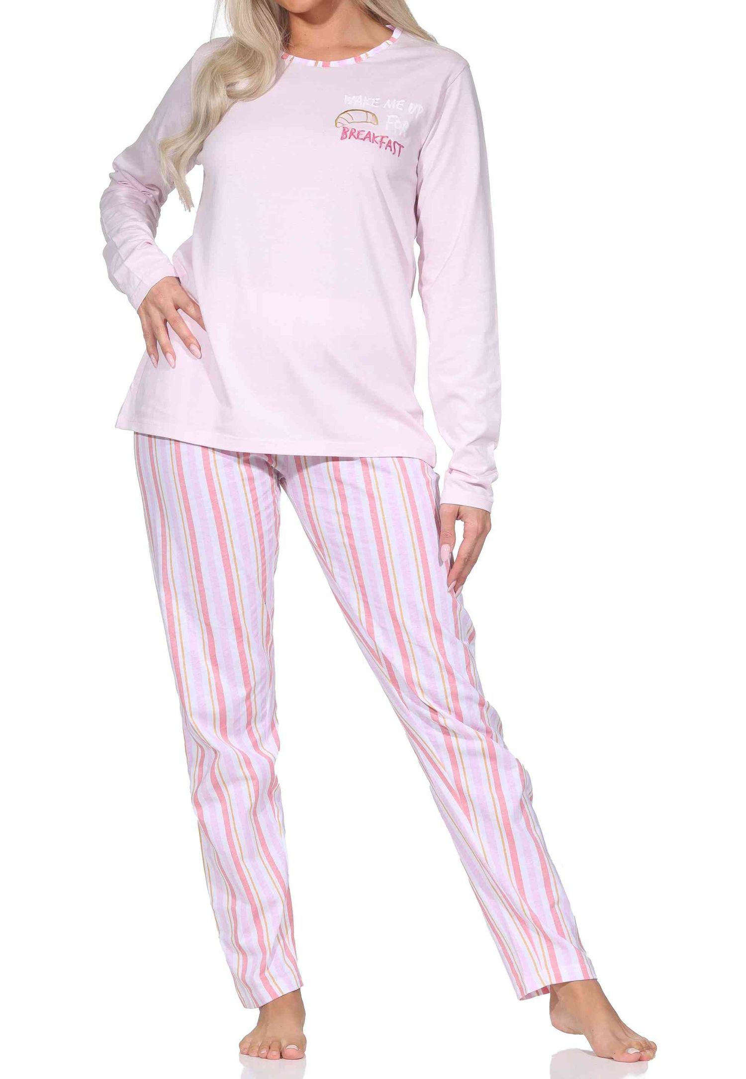 Normann Damen langarm Schlafanzug mit Pyjamahose in Streifenoptik