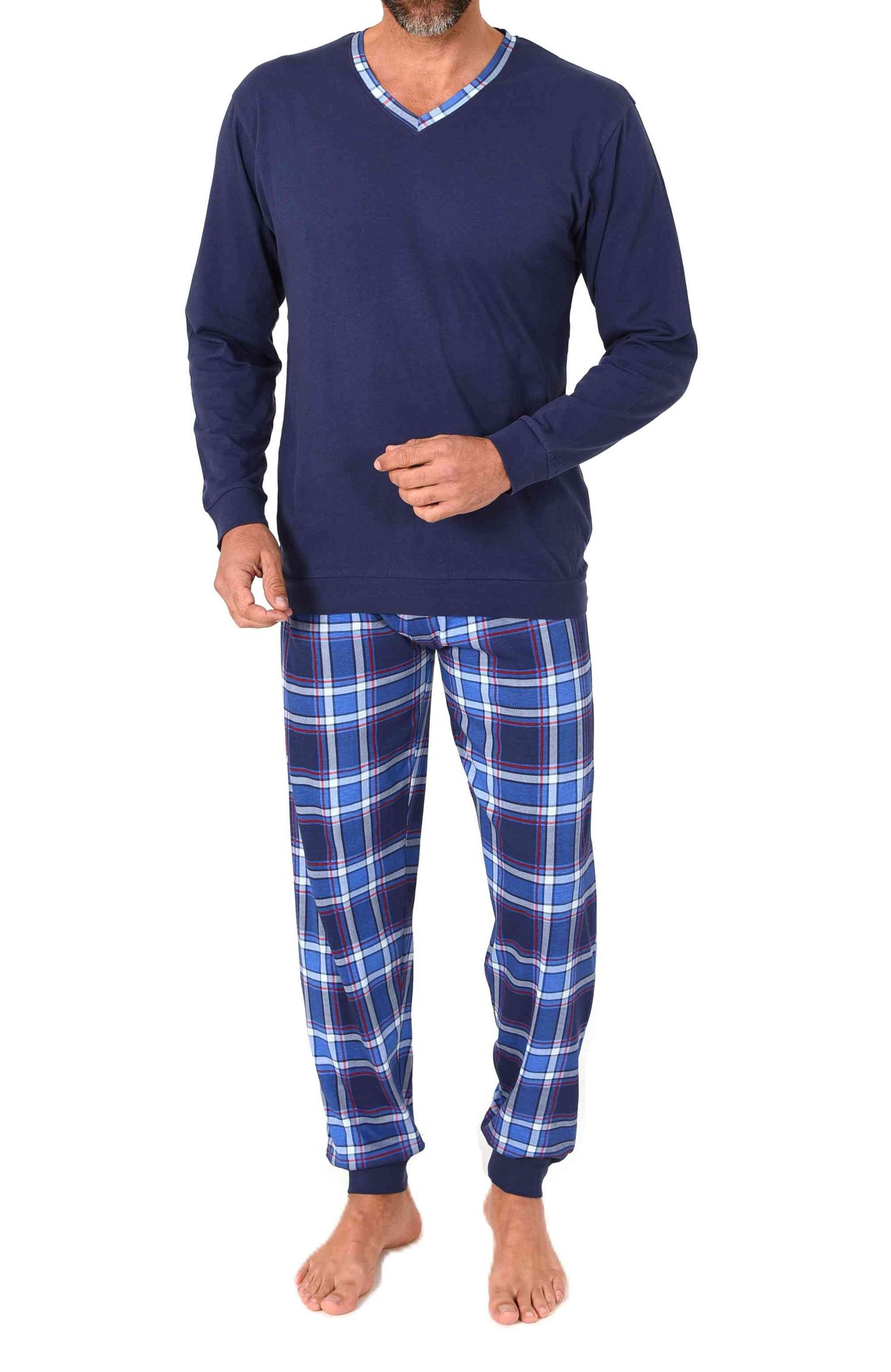 Normann Herren langarm Schlafanzug mit Bündchen + karierter Pyjamahose aus Jersey
