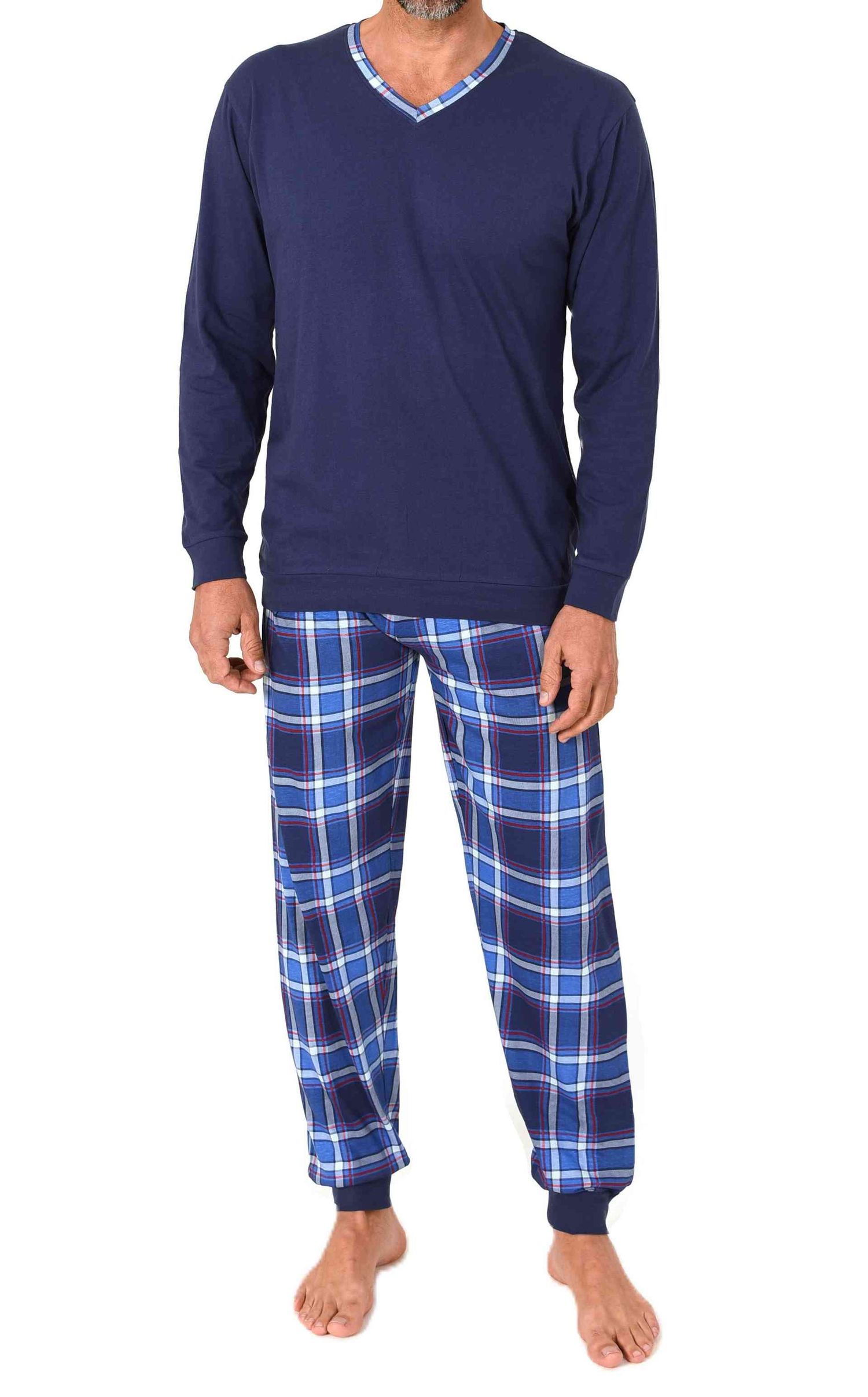 Normann Herren langarm Schlafanzug mit Bündchen + karierter Pyjamahose aus Jersey