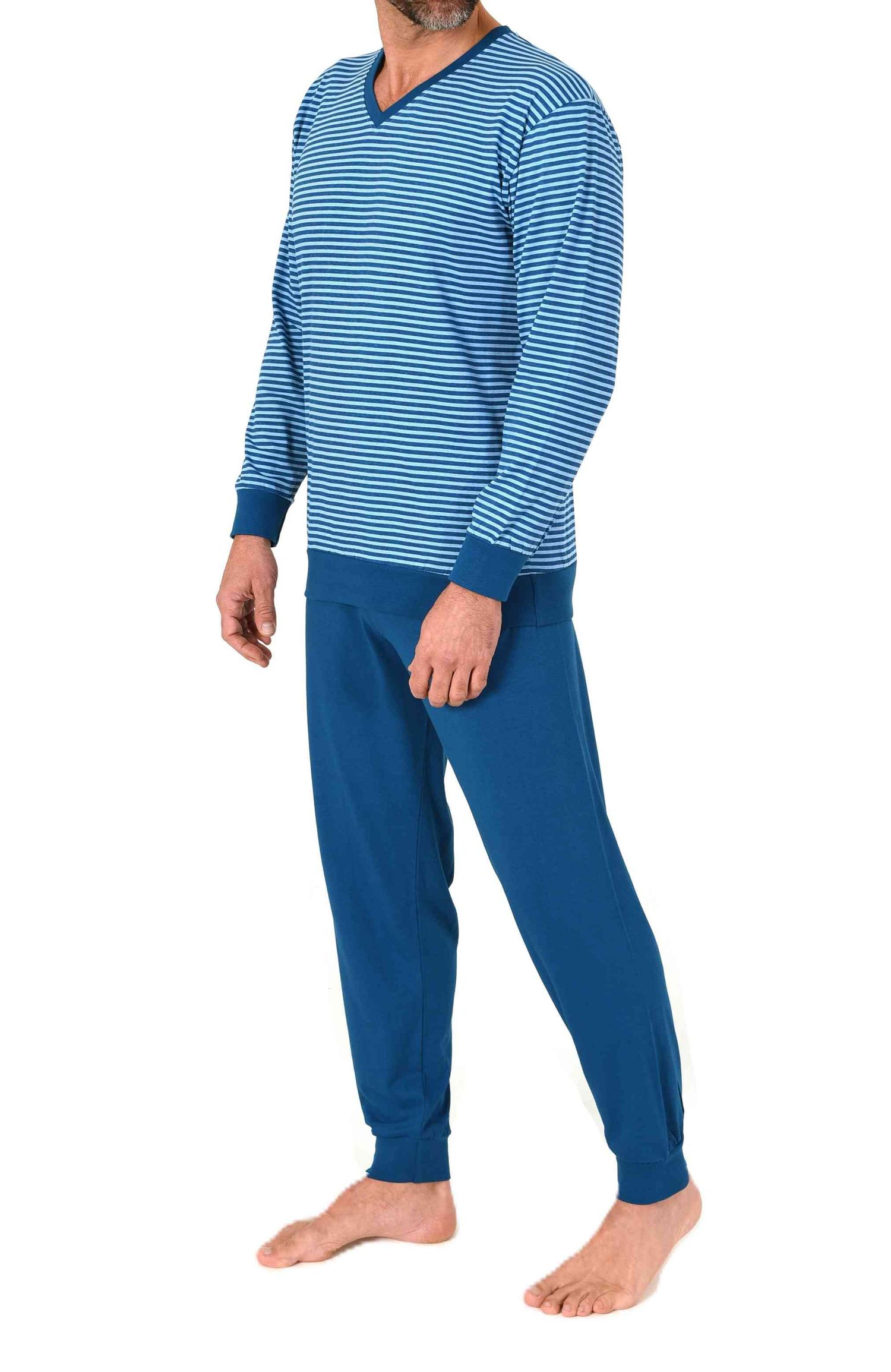 Normann Herren langarm Schlafanzug mit Bündchen – Pyjama in edler Streifenoptik