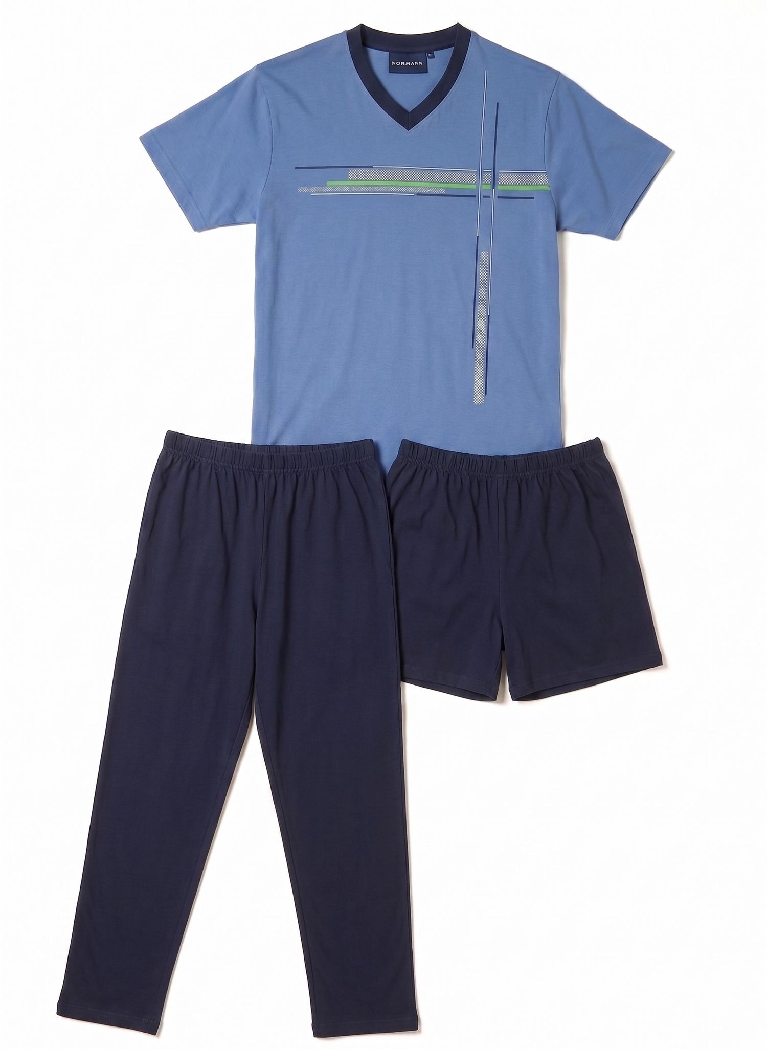 Normann Herren Schlafanzug Triset (3-er Set): lange Hose + kurze Hose + kurzarm Oberteil