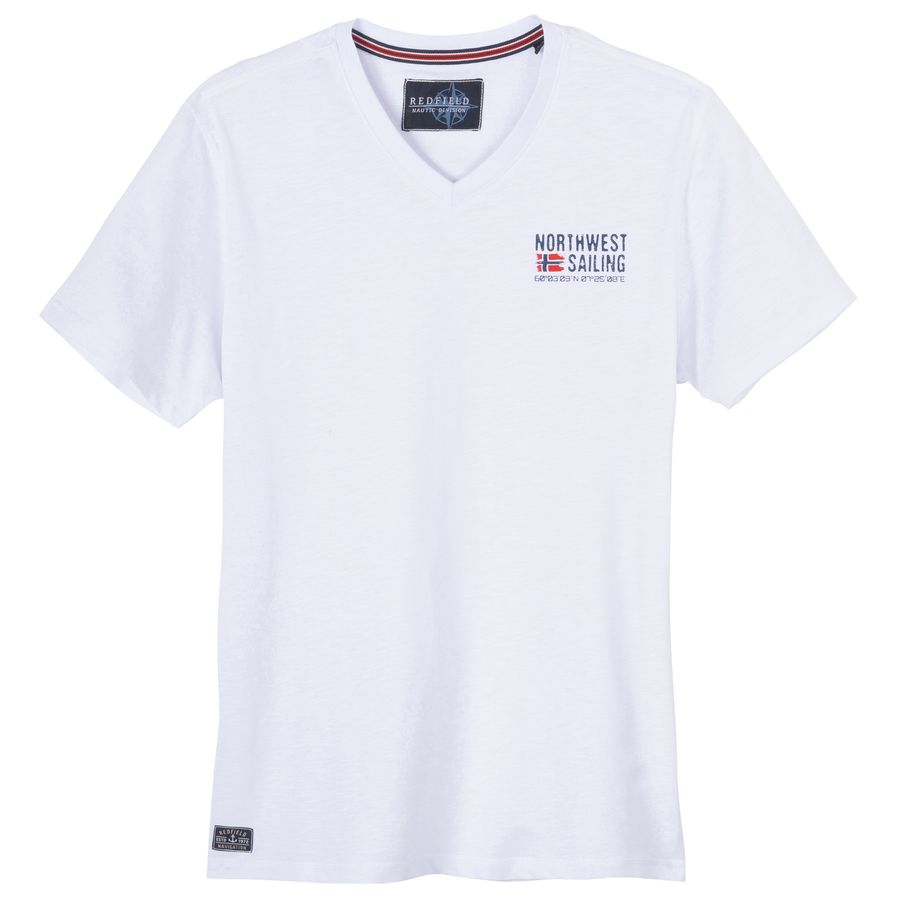 Redfield Übergrößen T-Shirt weiß Brustprint V-Neck