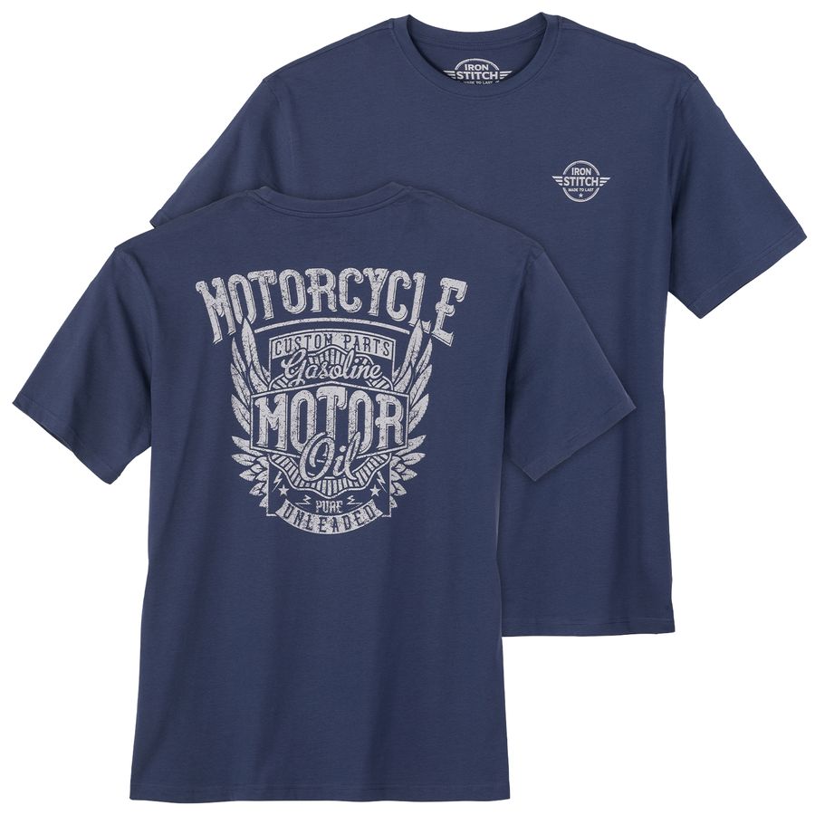 Iron Stitch Übergrößen T-Shirt denimblau Rückenprint