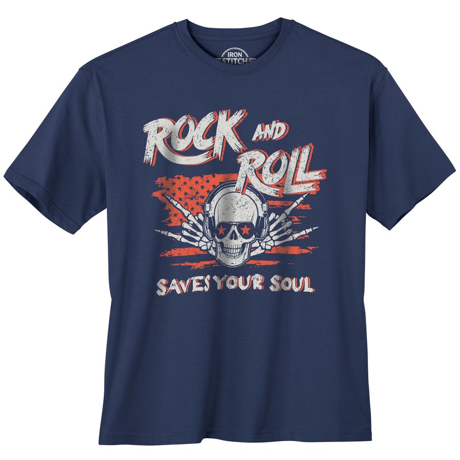 Iron Stitch Übergrößen T-Shirt denimblau Rock Skull