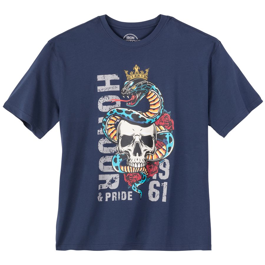 Iron Stitch Übergrößen T-Shirt denimblau Totenkopf