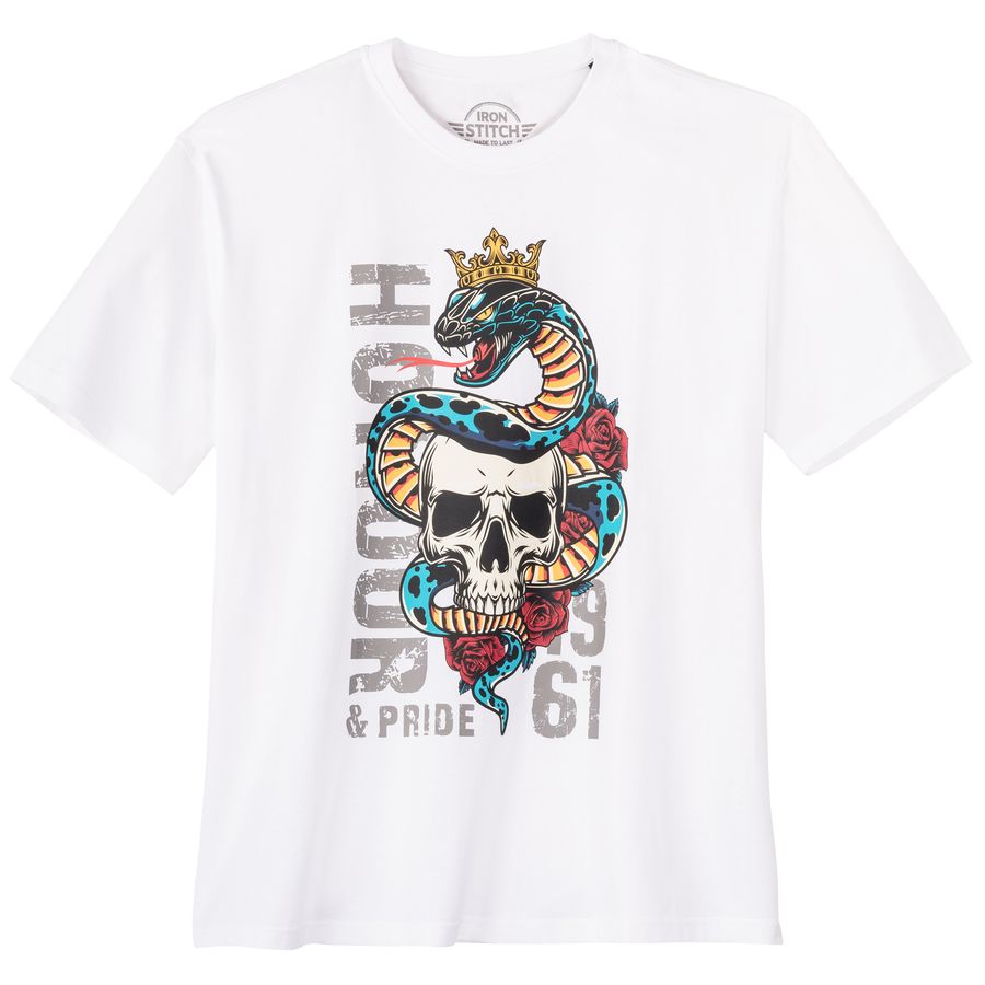 Iron Stitch Übergrößen T-Shirt weiß Totenkopfprint