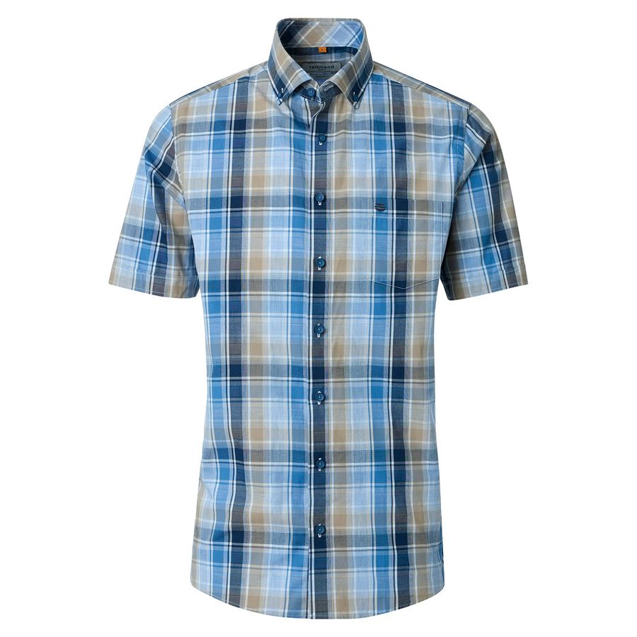 Redmond XXL Kurzarmhemd blau-beige-weiß kariert