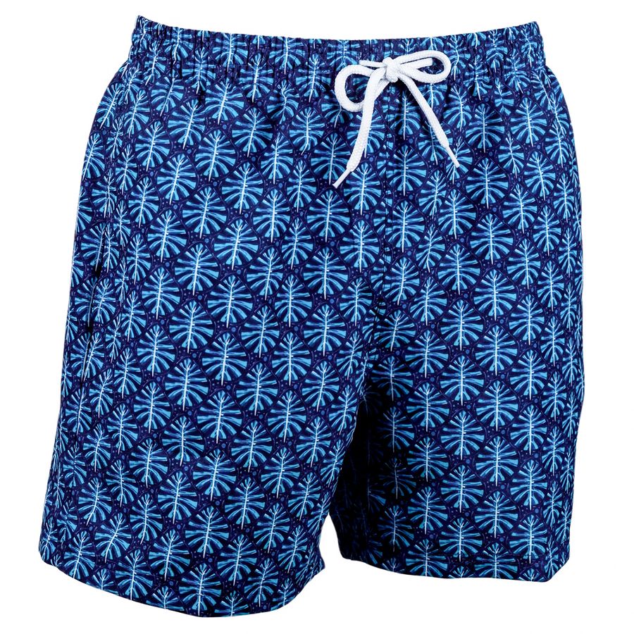 Bellonda Übergröße Badeshorts blau-weiß Blätterprint