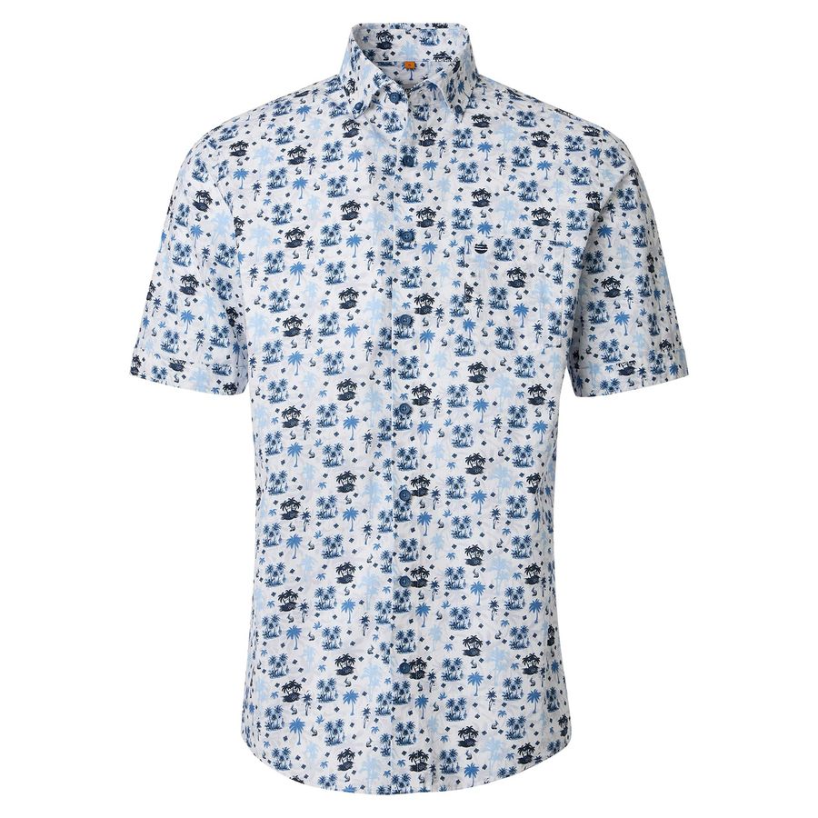 Redmond XXL Kurzarmhemd Palmenprint blau-weiß