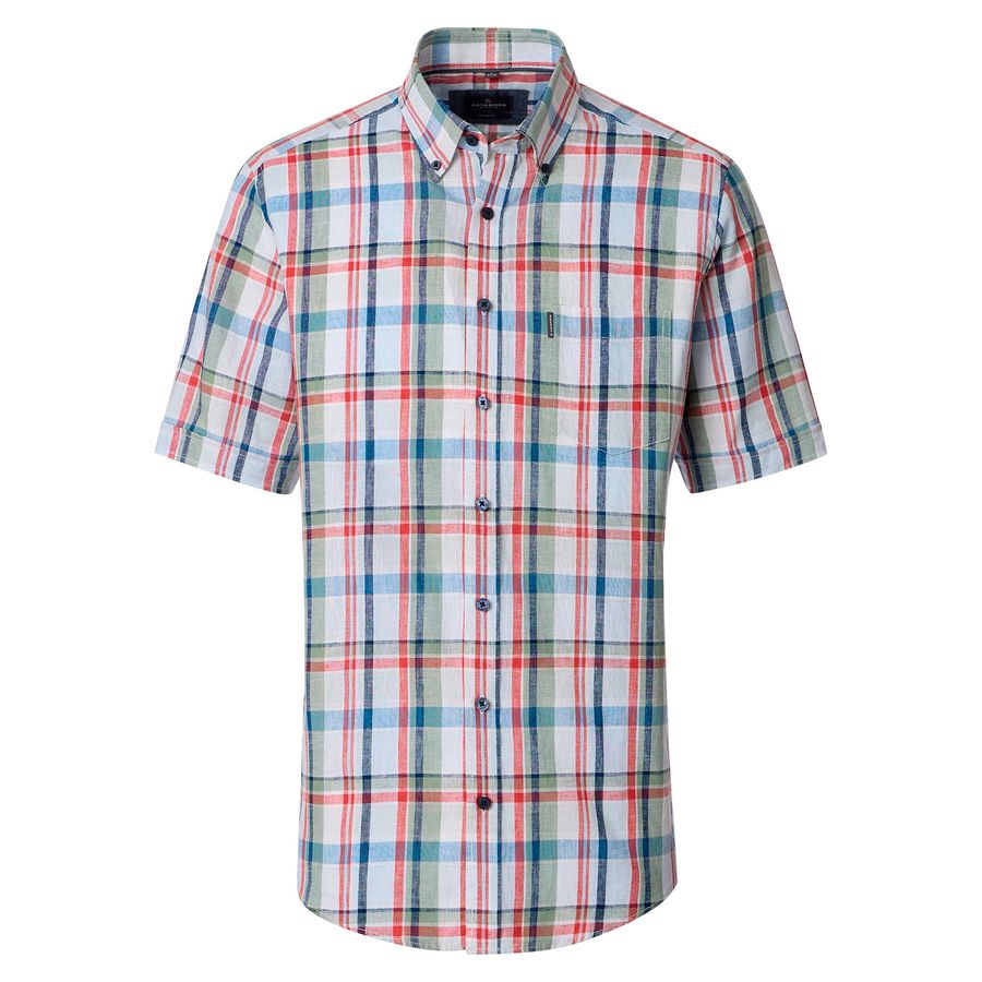 CasaModa XXL Leinen-Kurzarmhemd blau-rot-salbei Karo