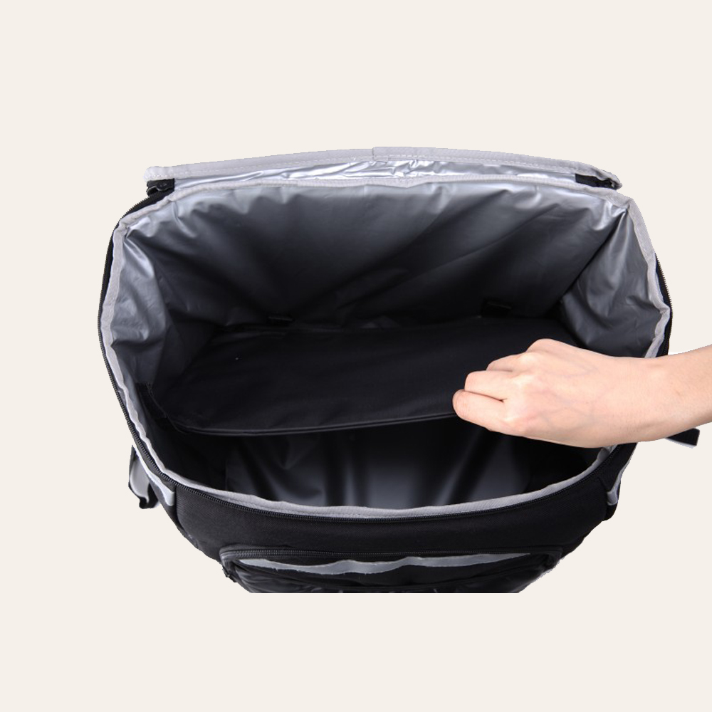 large backpack with expanding pizza pocket