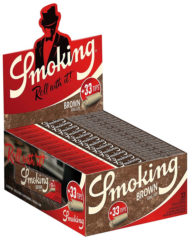 10 × SMOKING BROWN King Size Papers Braun 33 Blatt Zigarettenpapier +  Filter Tips 110×44mm
