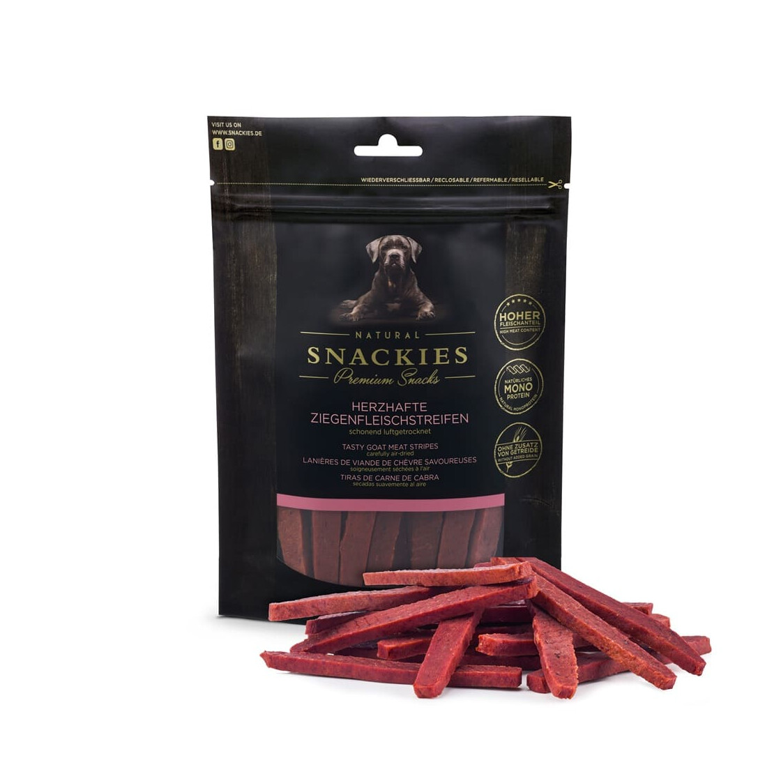 Snackies: Herzhafte Ziegenfleischstreifen